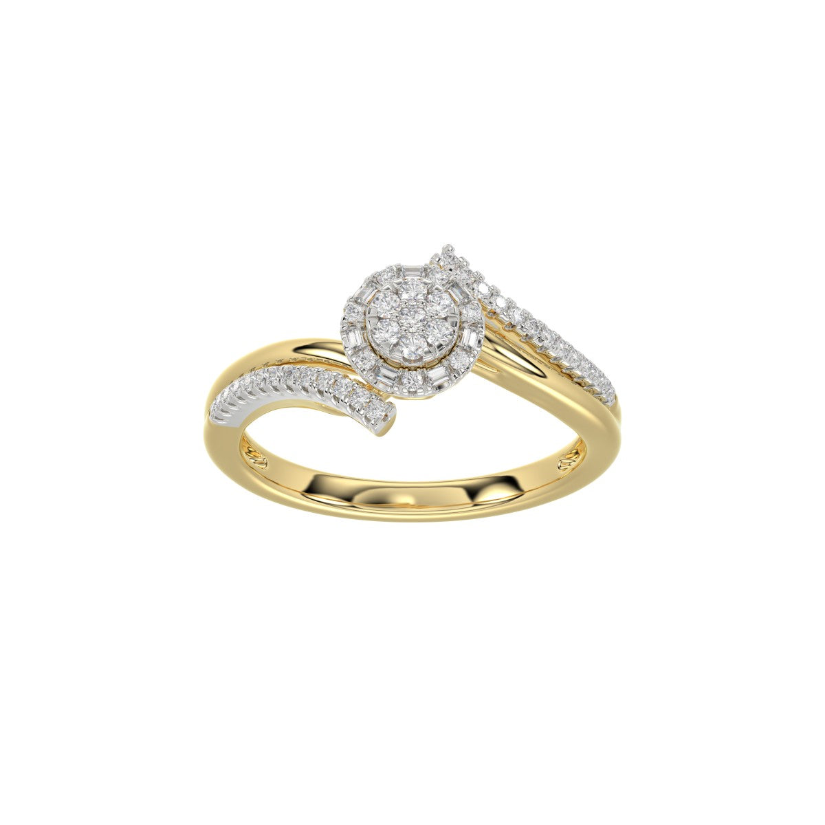 Elegant 10K Yellow Gold 0.20CT Round & Baguette Diamond Halo Ring For Women