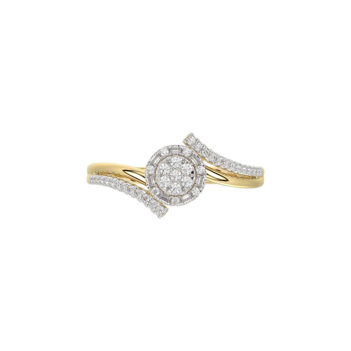 Elegant 10K Yellow Gold 0.20CT Round & Baguette Diamond Halo Ring For Women