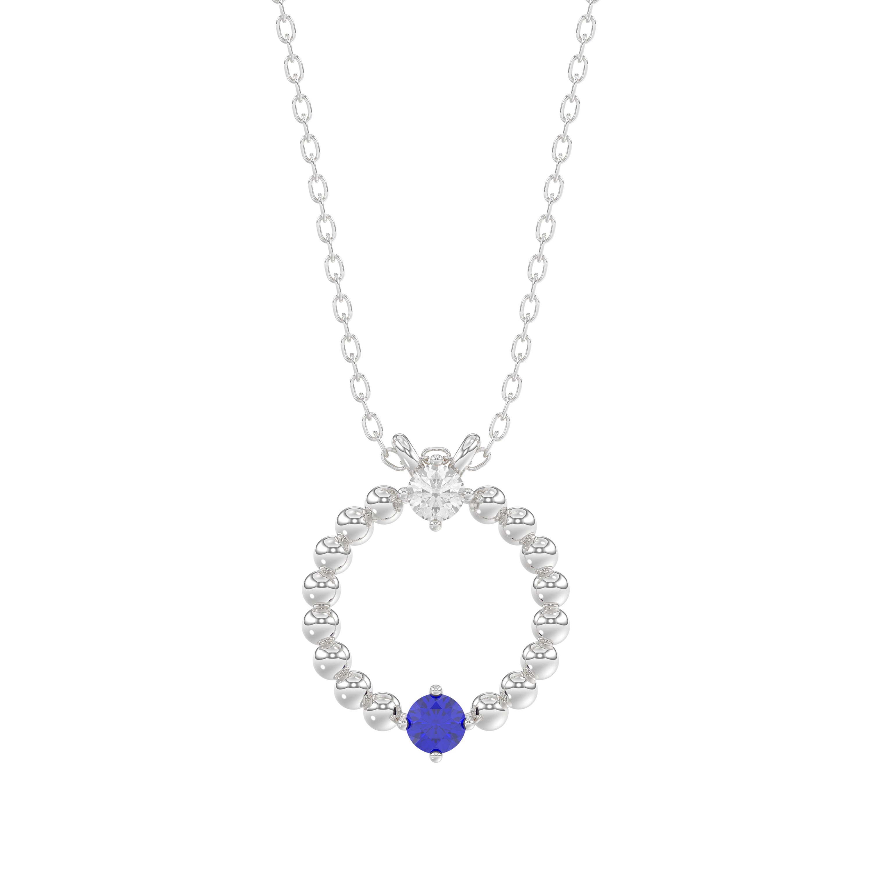 14K White Gold 0.15Ct Blue Sapphire & Diamond Necklace For Women Natural Round Sapphire Ladies Jewelry