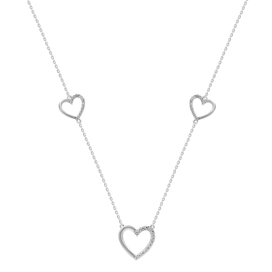Ladies Triple Heart Diamond Necklace 10K White Gold 0.20CT Round Diamond