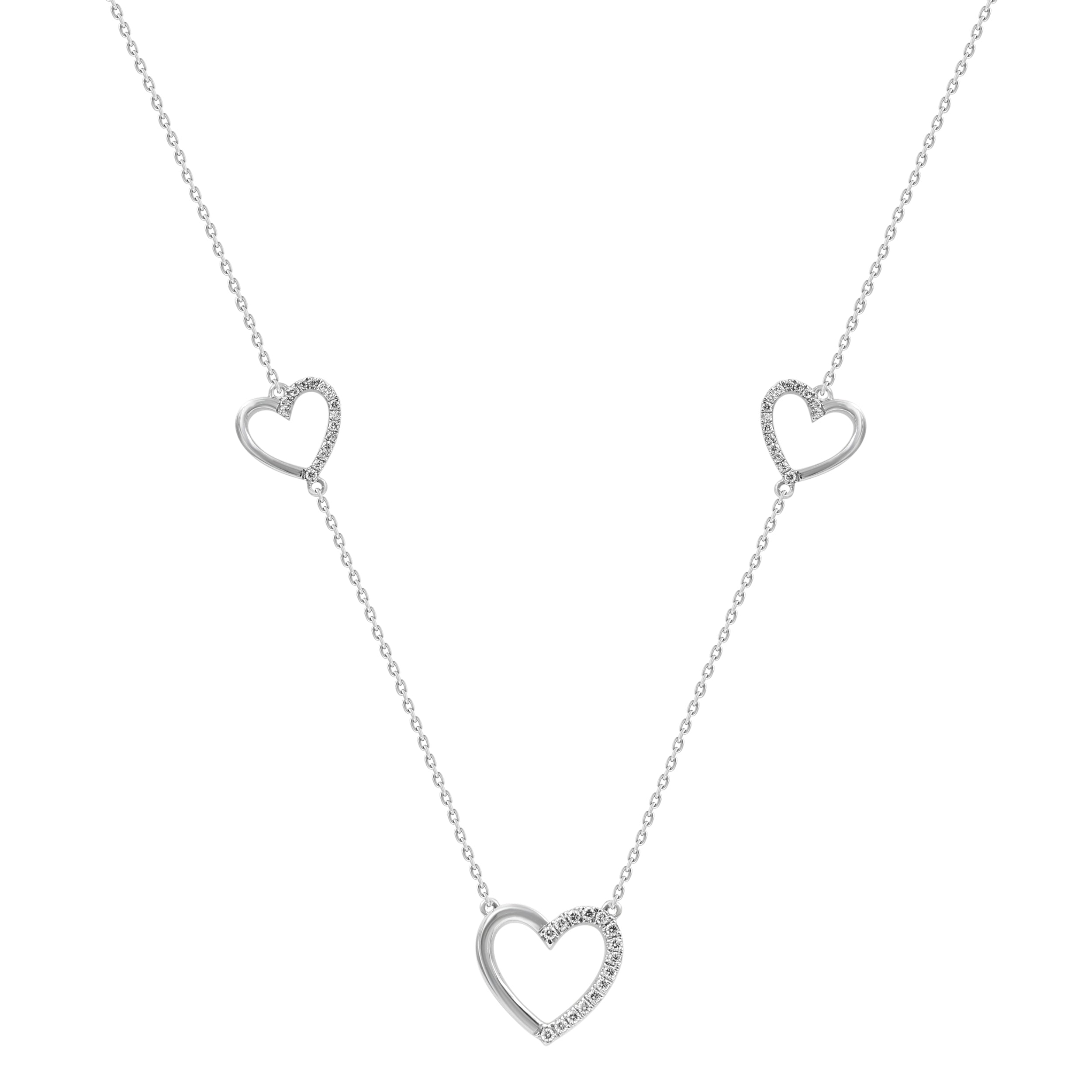 Ladies Triple Heart Diamond Necklace 10K White Gold 0.20CT Round Diamond