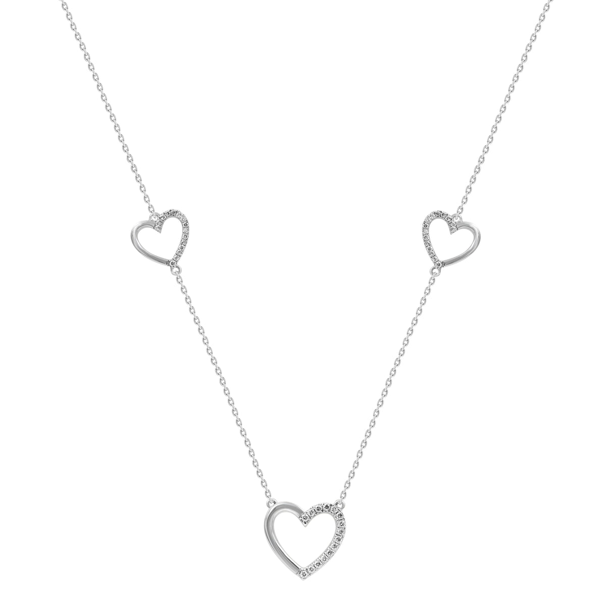 Ladies Triple Heart Diamond Necklace 10K White Gold 0.20CT Round Diamond