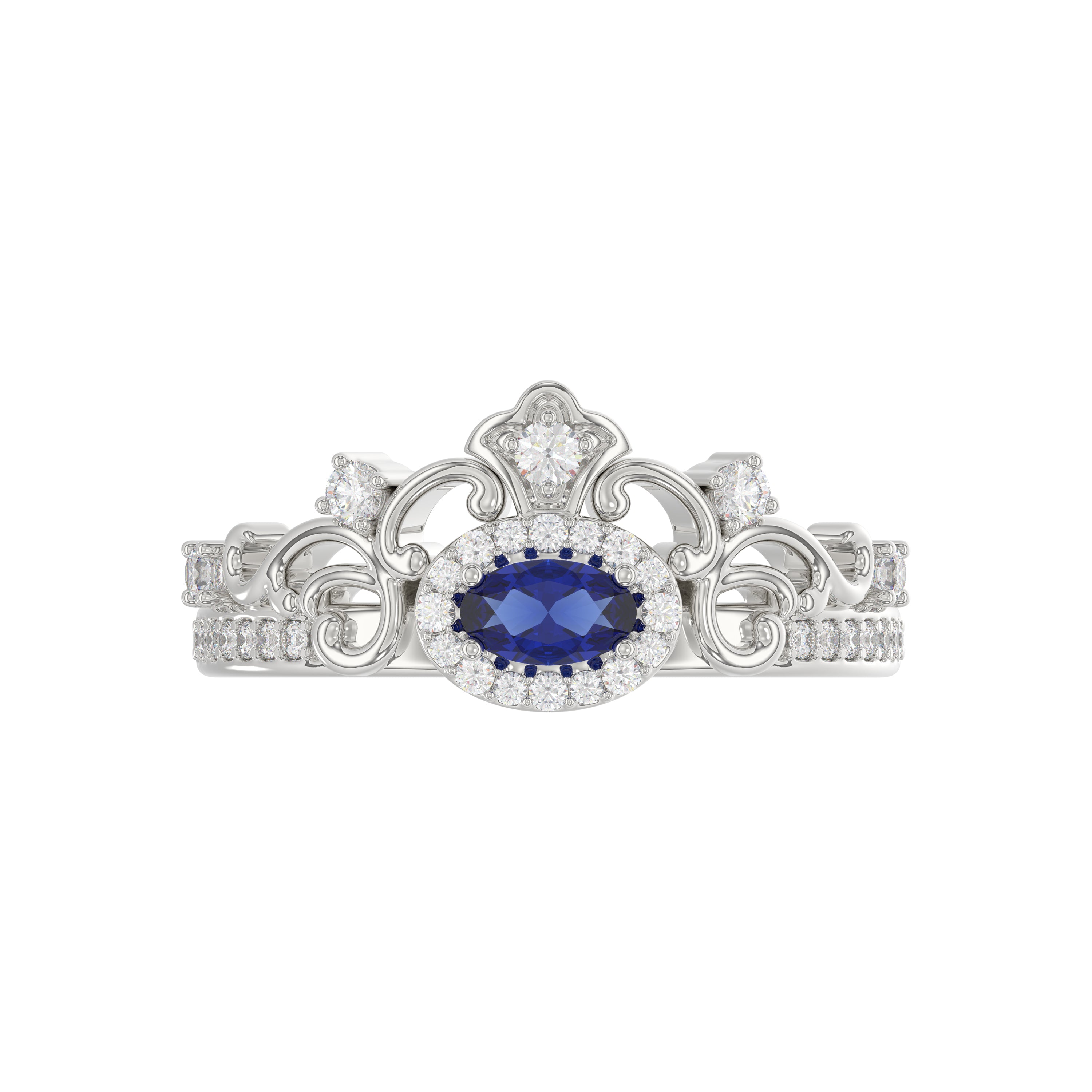 14K White Gold 0.45Ct Blue Sapphire & Round Diamond Engagement Ring For Women Oval Natural Sapphire Fashion Ring (Oval Blue Sapphire 0.30Ct)