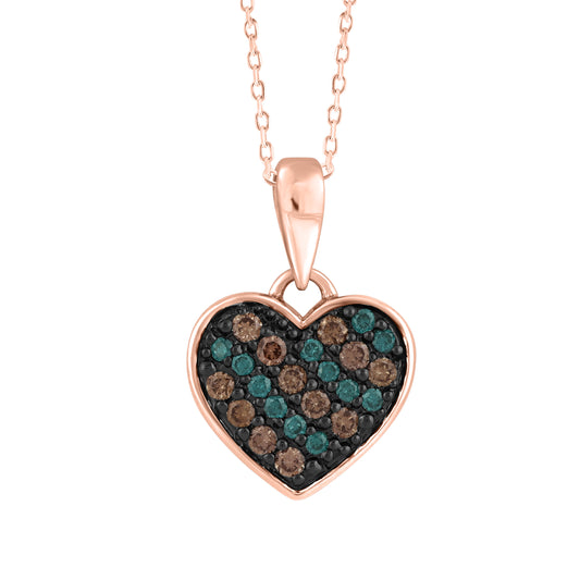 LADIES HEART PENDANT WITH CHAIN 0.25CT DARK BROWN/BLUE/ROUND DIAMOND 14K ROSE GOLD