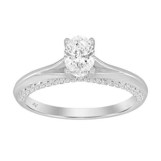 LADIES RING 0.75CT ROUND/OVAL DIAMOND 14K WHITE GOLD (CENTER STONE 0.50CT OVAL DIAMOND)