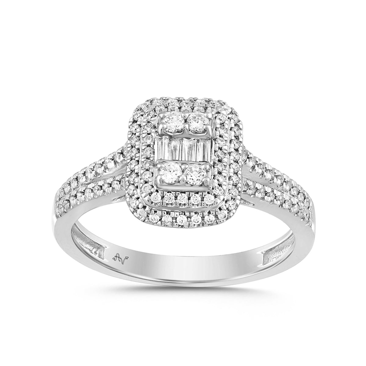 LADIES RING 0.25CT DARK BROWN/ROUND/BAGUETTE DIAMOND 14K WHITE GOLD