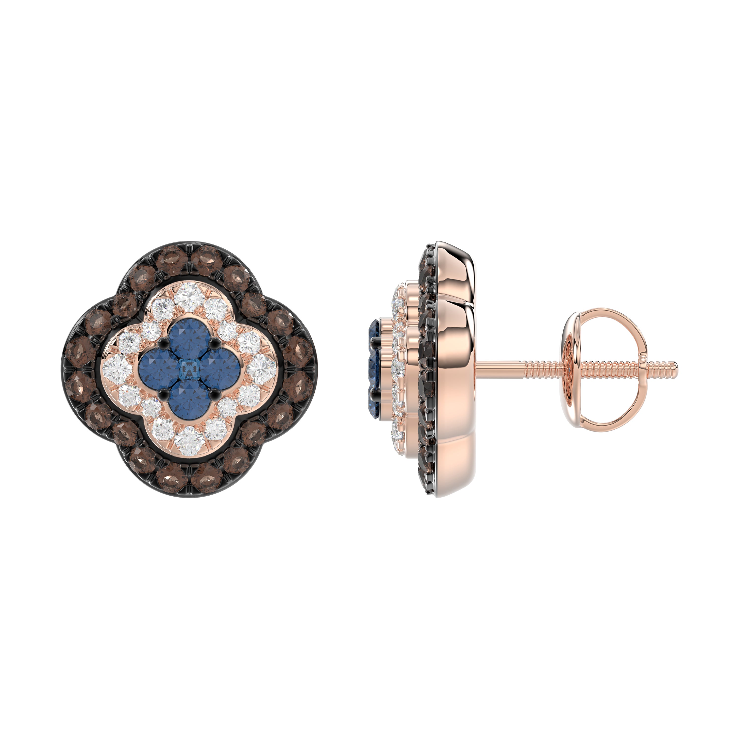 14K Rose Gold 1.00Ct Fancy Color Diamond Earrings Round Blue And Dark Brown Diamond Ladies Jewelry