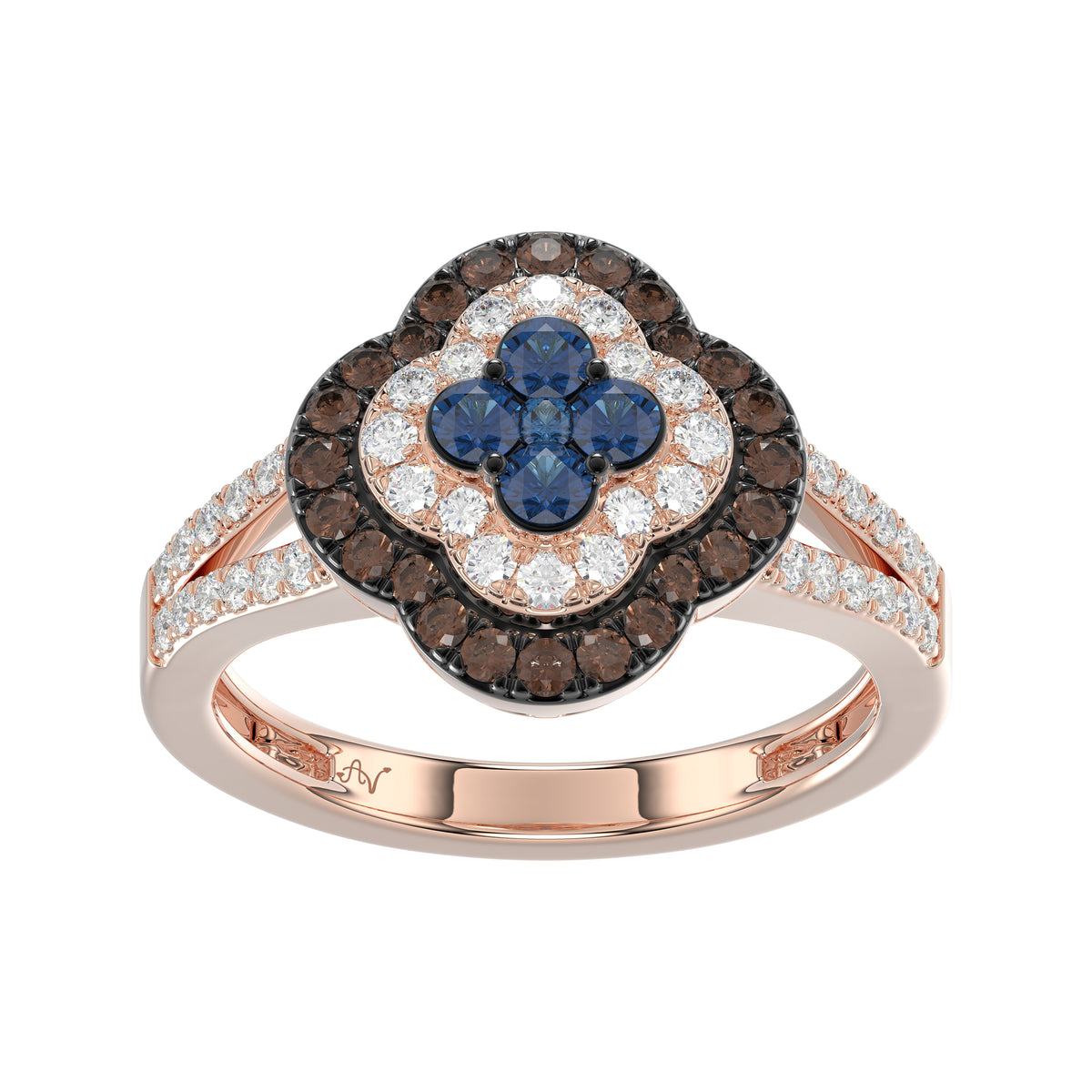 Elegant 14K Rose Gold Ladies Ring Crafted With Fancy Dark Brown And Blue Diamonds Totaling 0.75 Ct. Perfect Luxury Jewelry Gift For Her.