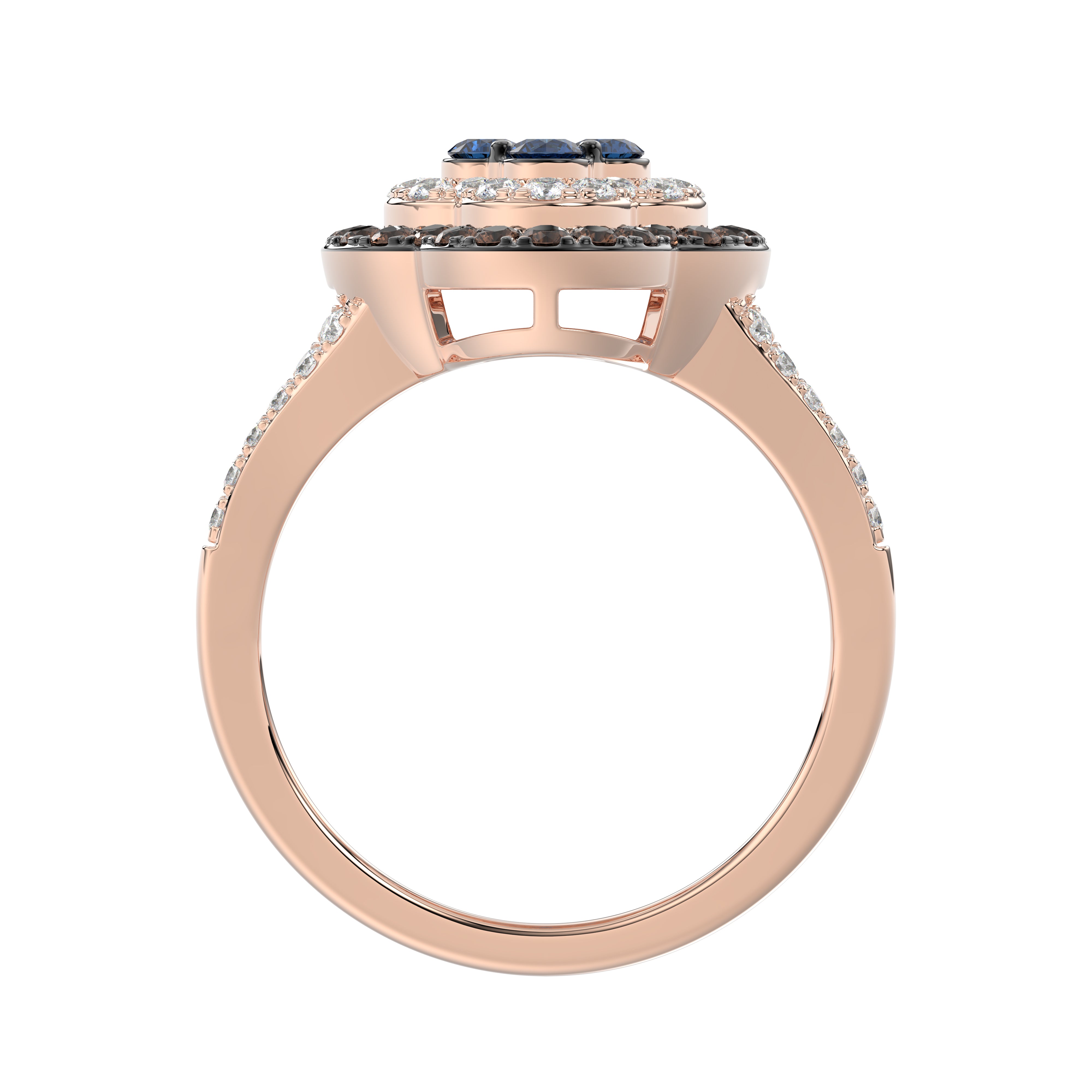 Elegant 14K Rose Gold Ladies Ring Crafted With Fancy Dark Brown And Blue Diamonds Totaling 0.75 Ct. Perfect Luxury Jewelry Gift For Her.