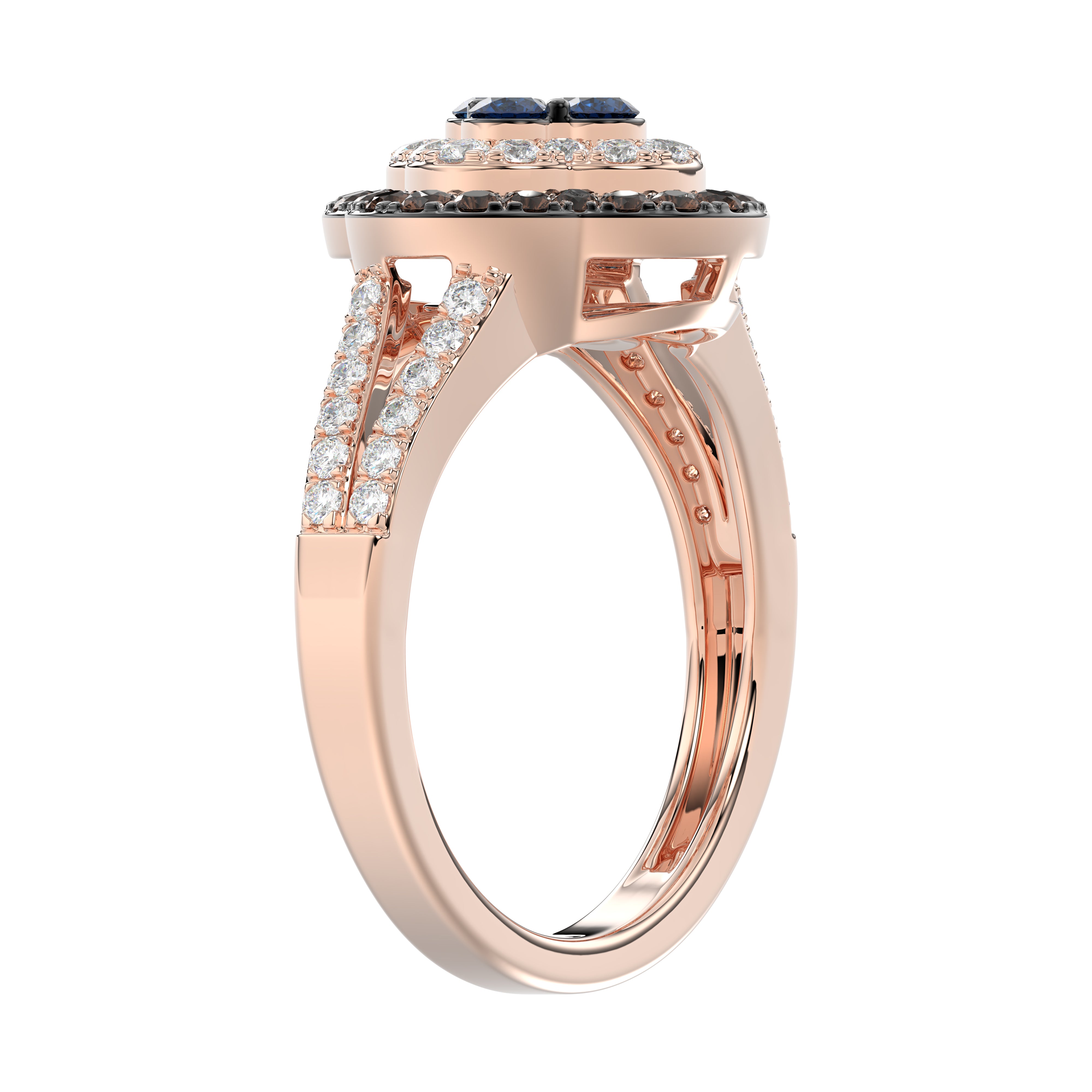 Elegant 14K Rose Gold Ladies Ring Crafted With Fancy Dark Brown And Blue Diamonds Totaling 0.75 Ct. Perfect Luxury Jewelry Gift For Her.