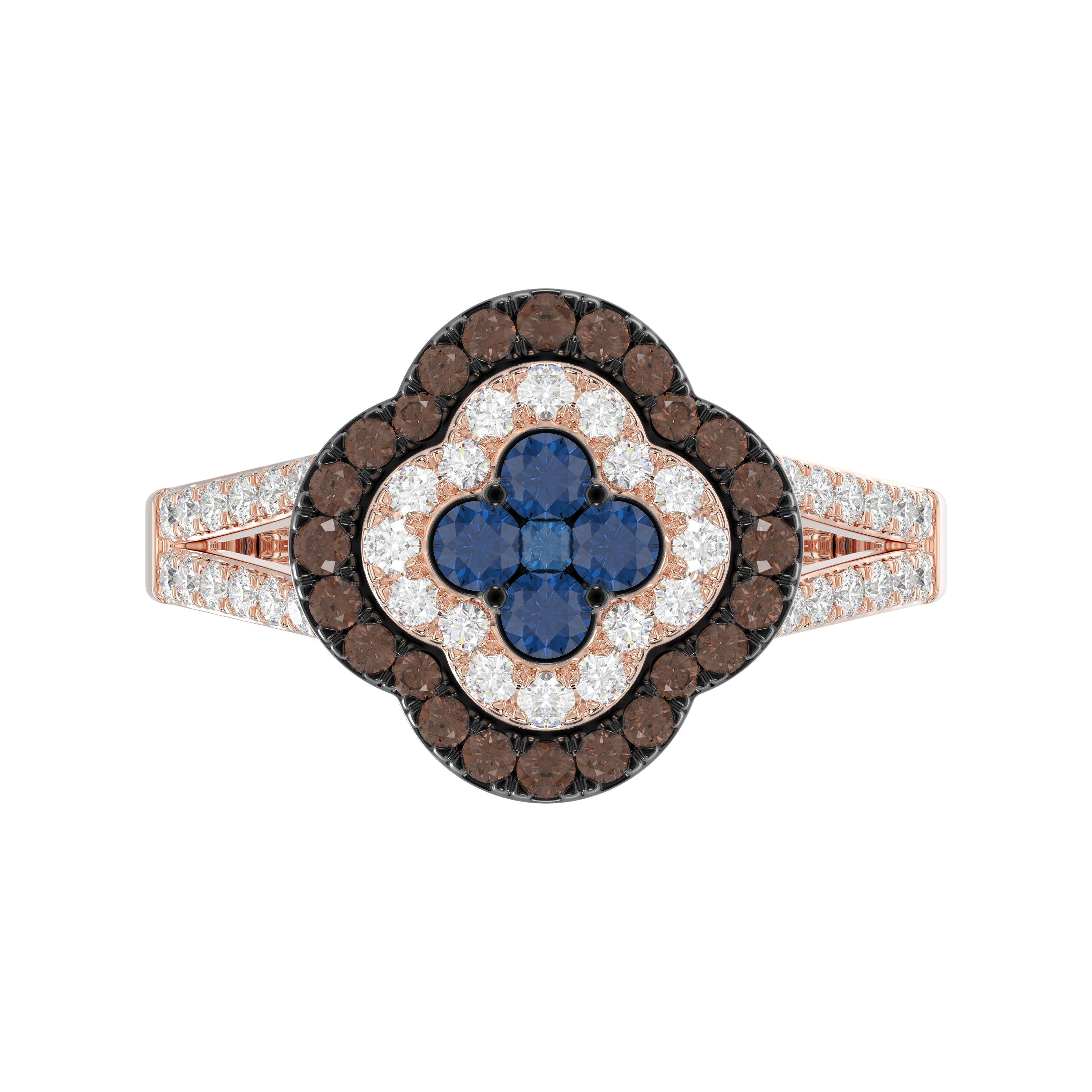 Elegant 14K Rose Gold Ladies Ring Crafted With Fancy Dark Brown And Blue Diamonds Totaling 0.75 Ct. Perfect Luxury Jewelry Gift For Her.