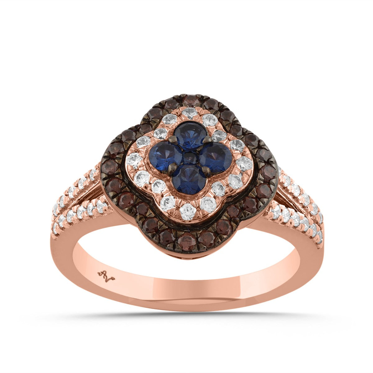 Elegant 14K Rose Gold 0.75CT Round Diamond Halo Ring With Brown & Blue Diamonds For Women
