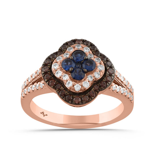 Elegant 14K Rose Gold 0.75CT Round Diamond Halo Ring With Brown & Blue Diamonds For Women