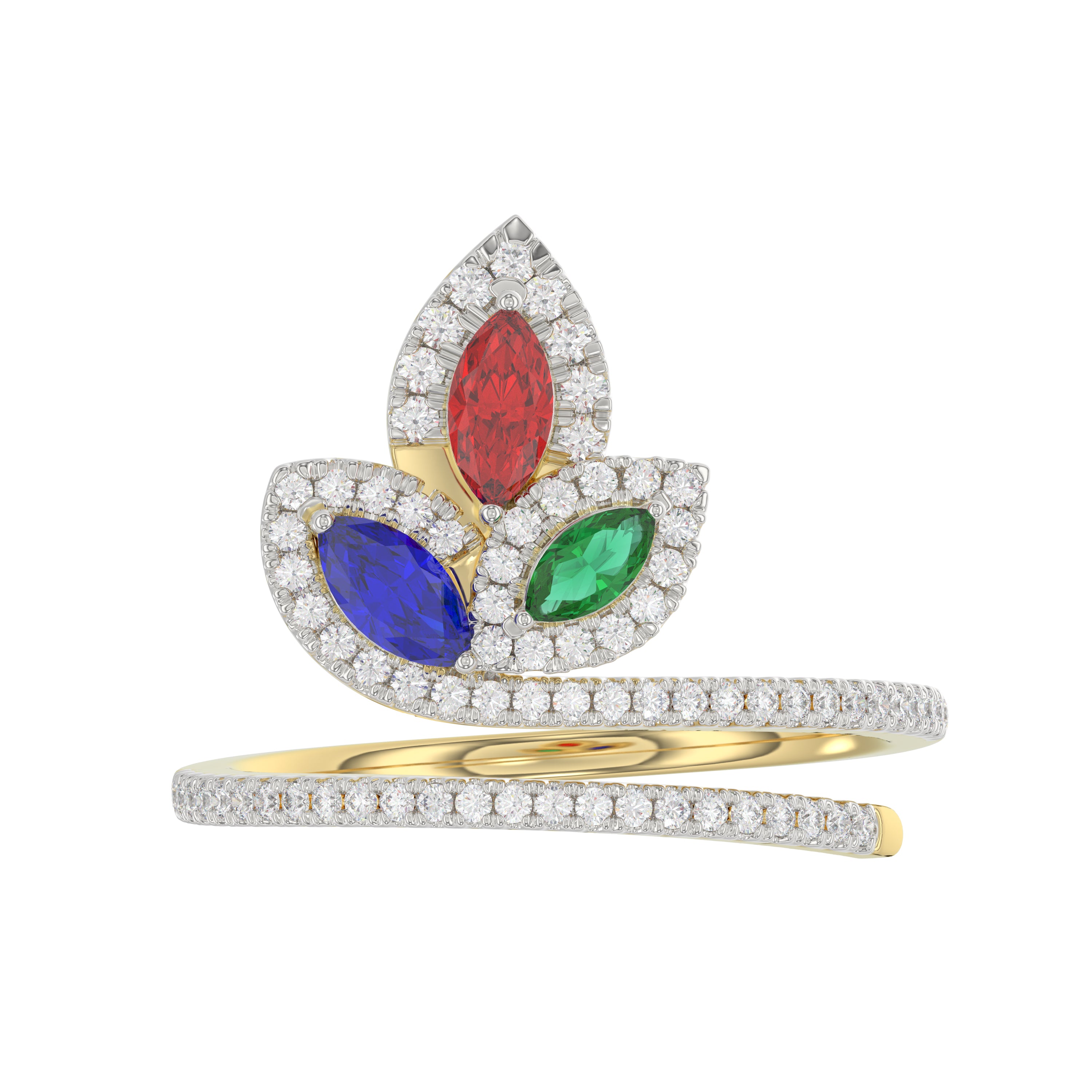 Elegant Multi-Stone 14K Yellow Gold 0.75Ct Ladies Ring With Ruby, Sapphire, Emerald, And Marquise Diamonds. A Classic And Colorful Luxury Jewelry Piec