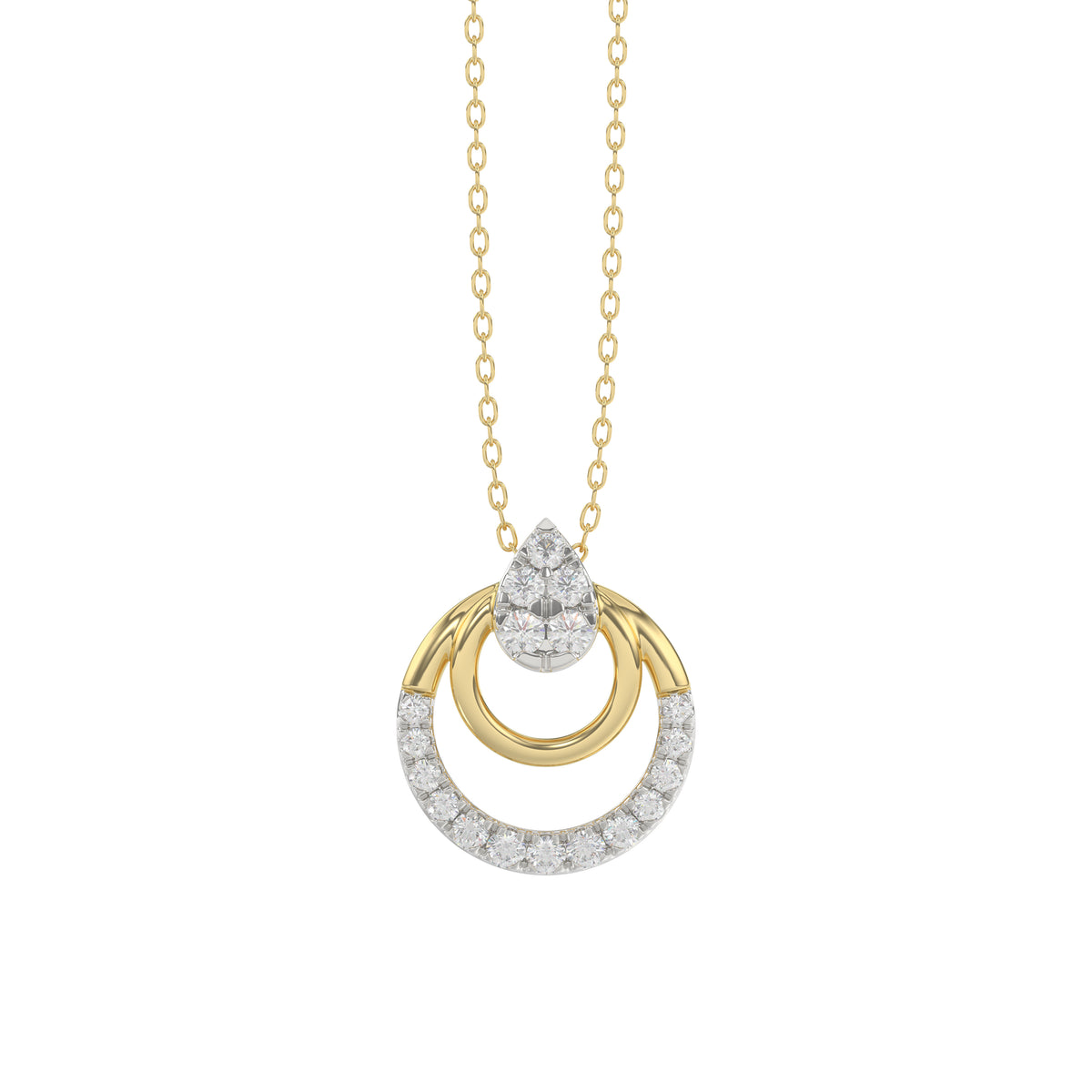 Beautiful 14K Yellow Gold Ladies Pendant With Double Circle Design And Sparkling 0.13 Ct Round Diamonds. Includes Chain.