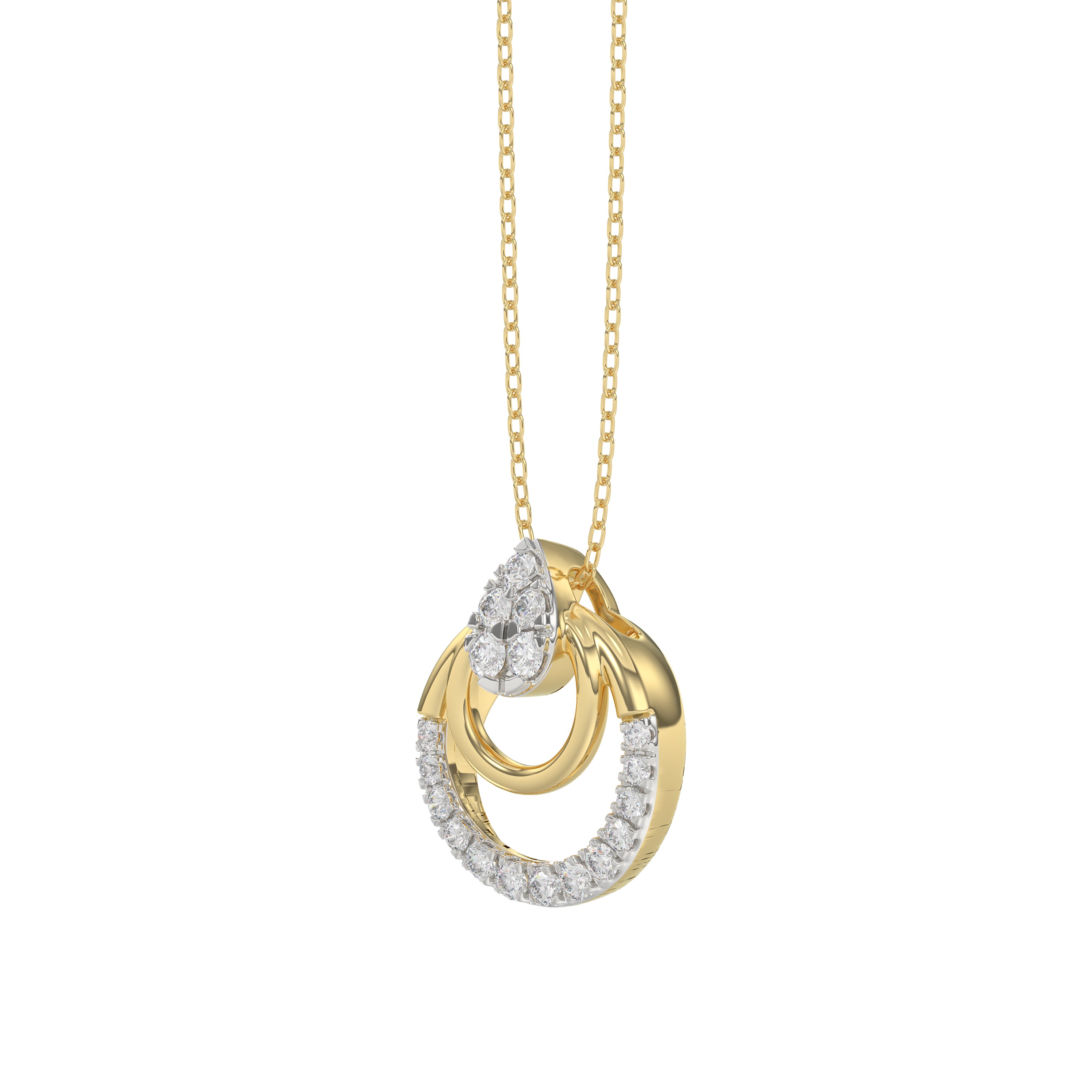 Beautiful 14K Yellow Gold Ladies Pendant With Double Circle Design And Sparkling 0.13 Ct Round Diamonds. Includes Chain.