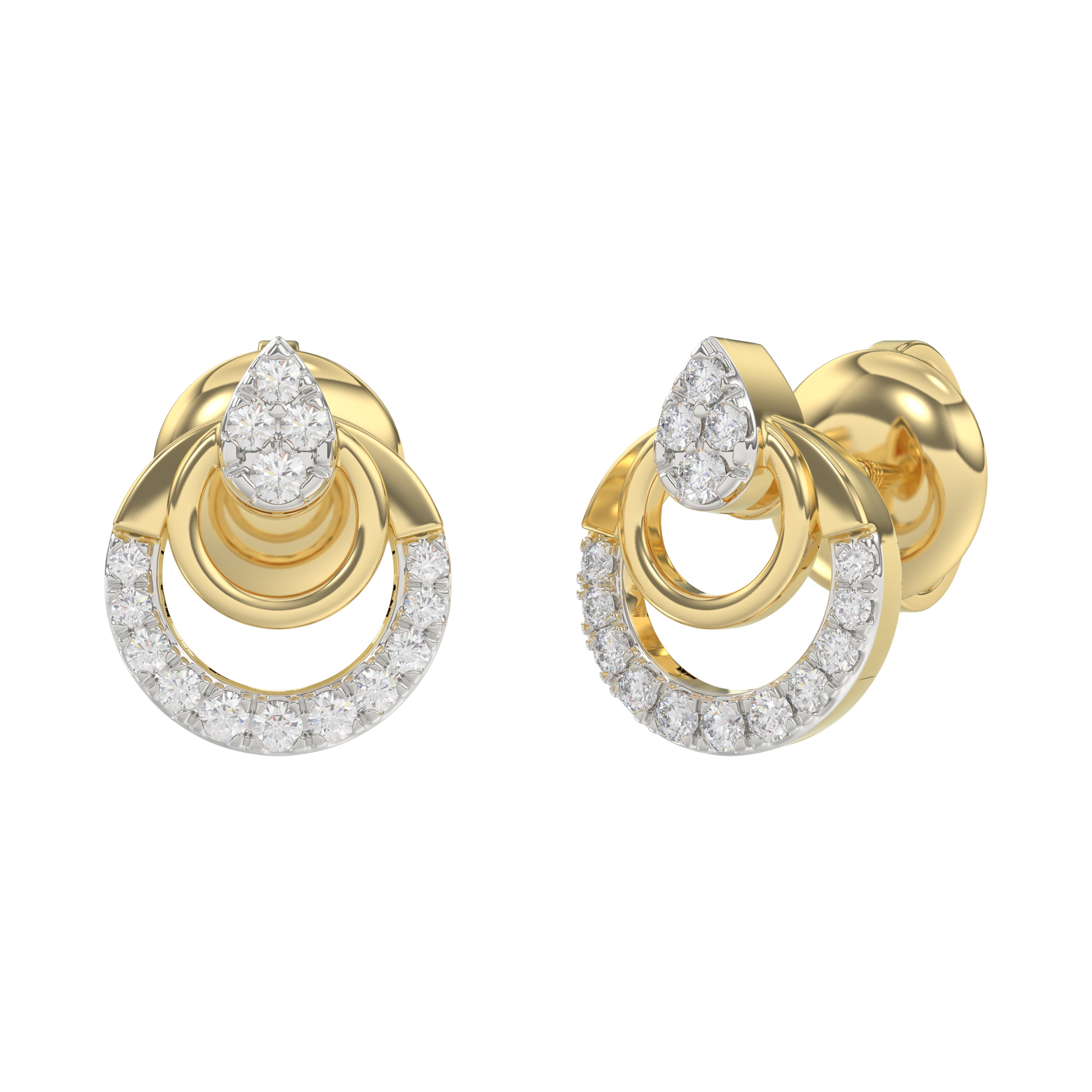 Stylish 10K Yellow Gold Ladies Diamond Earrings With Double Circle Design And 0.13 Ct Round Diamonds. A Timeless And Elegant Fashion Jewelry Piece