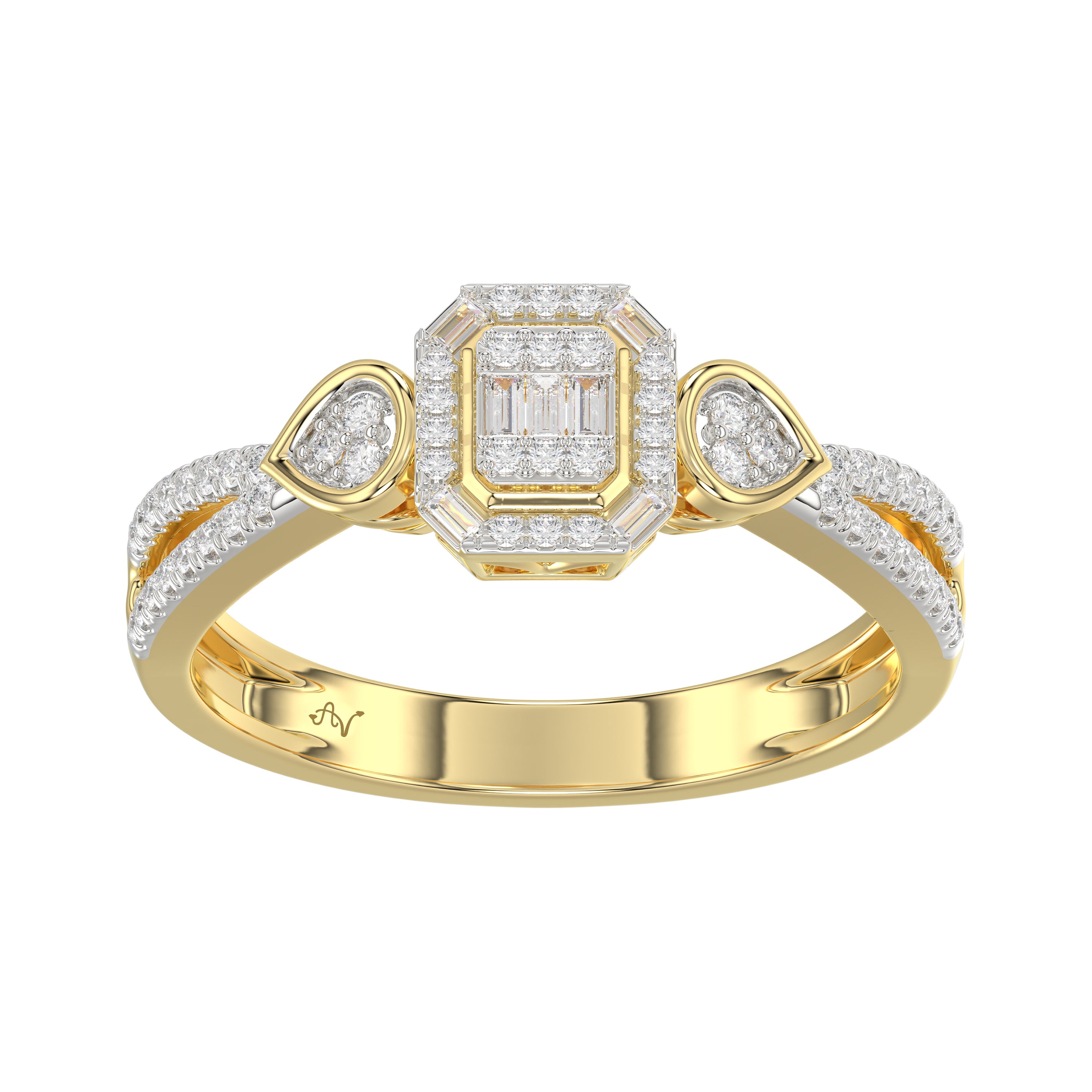 Elegant 10K Yellow Gold Ladies Diamond Ring Featuring Modern Octagon Shape With Baguette And Round Diamond 0.20 Ct Perfect Gift For Her.