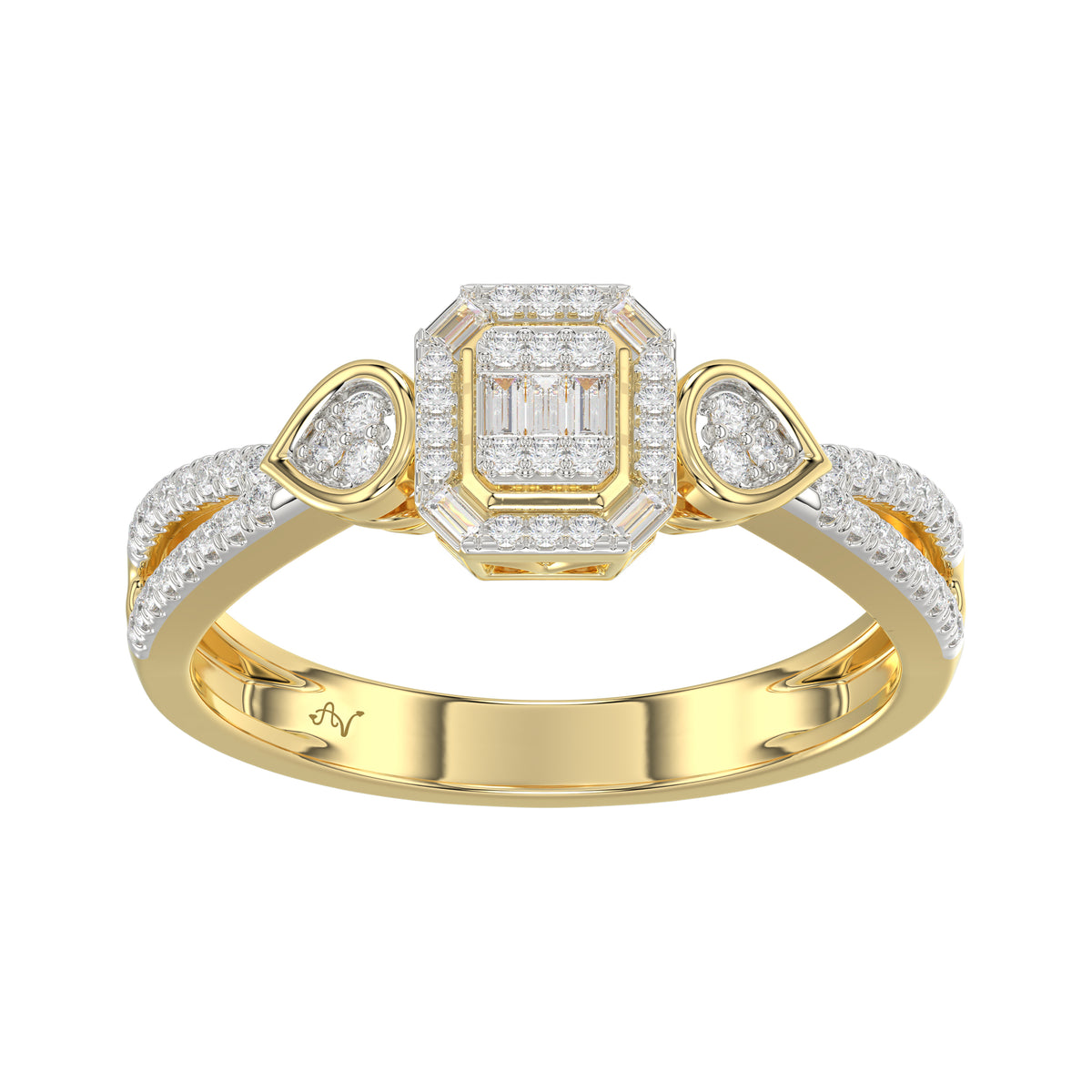 Elegant 10K Yellow Gold Ladies Diamond Ring Featuring Modern Octagon Shape With Baguette And Round Diamond 0.20 Ct Perfect Gift For Her.
