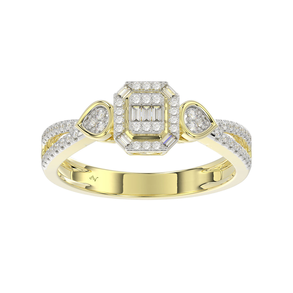 LADIES RING 0.20CT ROUND/BAGUETTE DIAMOND 10K YELLOW GOLD