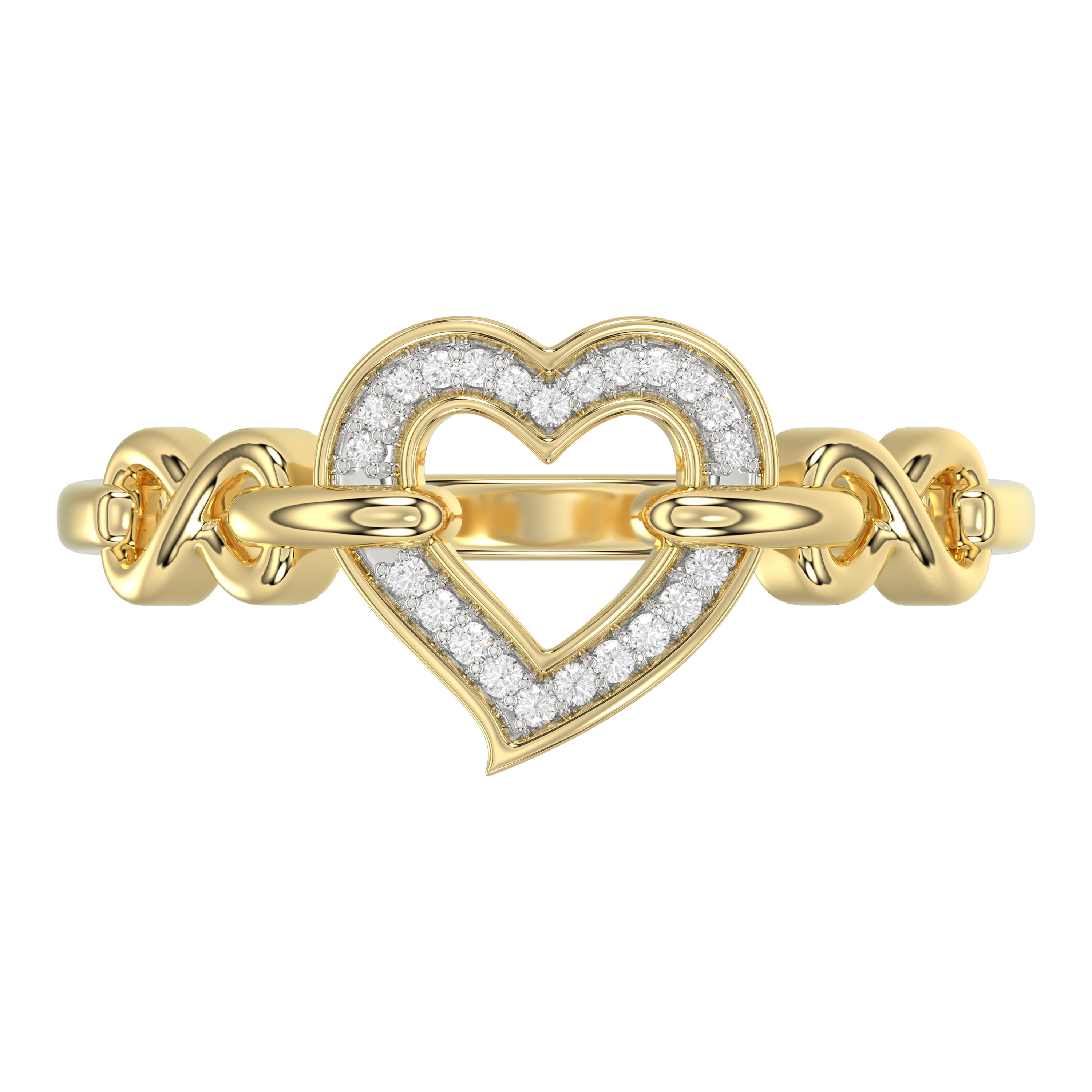 Elegant 10K Yellow Gold 0.05Ct Ladies Ring With Heart Shape Design And Sparkling Round Diamonds. A Charming And Meaningful Gift Jewelry Piece For Her.
