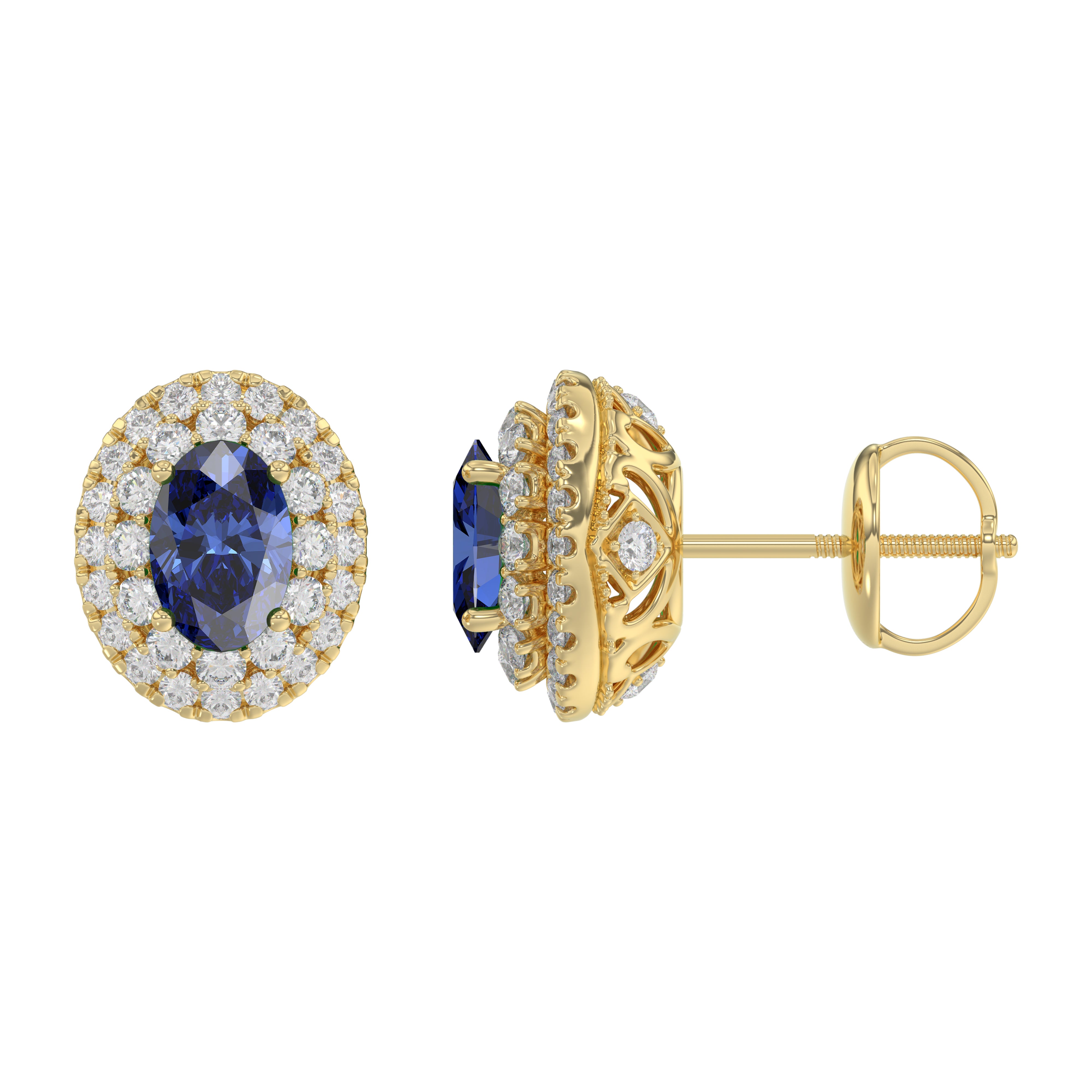 Luxury 14K Yellow Gold Earrings With Oval Sapphire And Round Diamond Accents. A Classic And Elegant 1.88Ct Fine Jewelry Design For Her.
