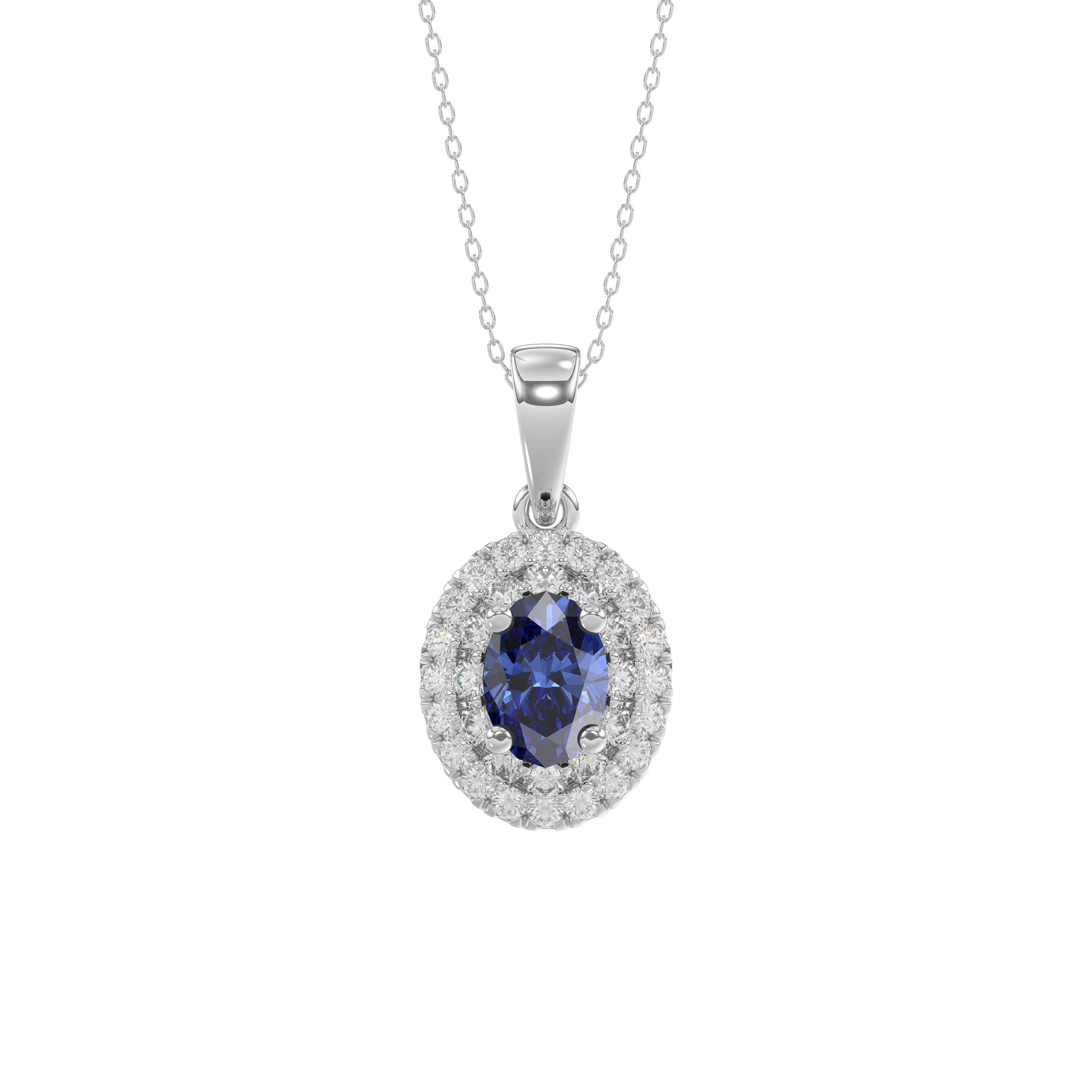 Elegant 14K White Gold Ladies Pendant Featuring Oval Sapphire And Round Diamond Accents 1.16Ct Includes Chain For A Complete Luxury Look.