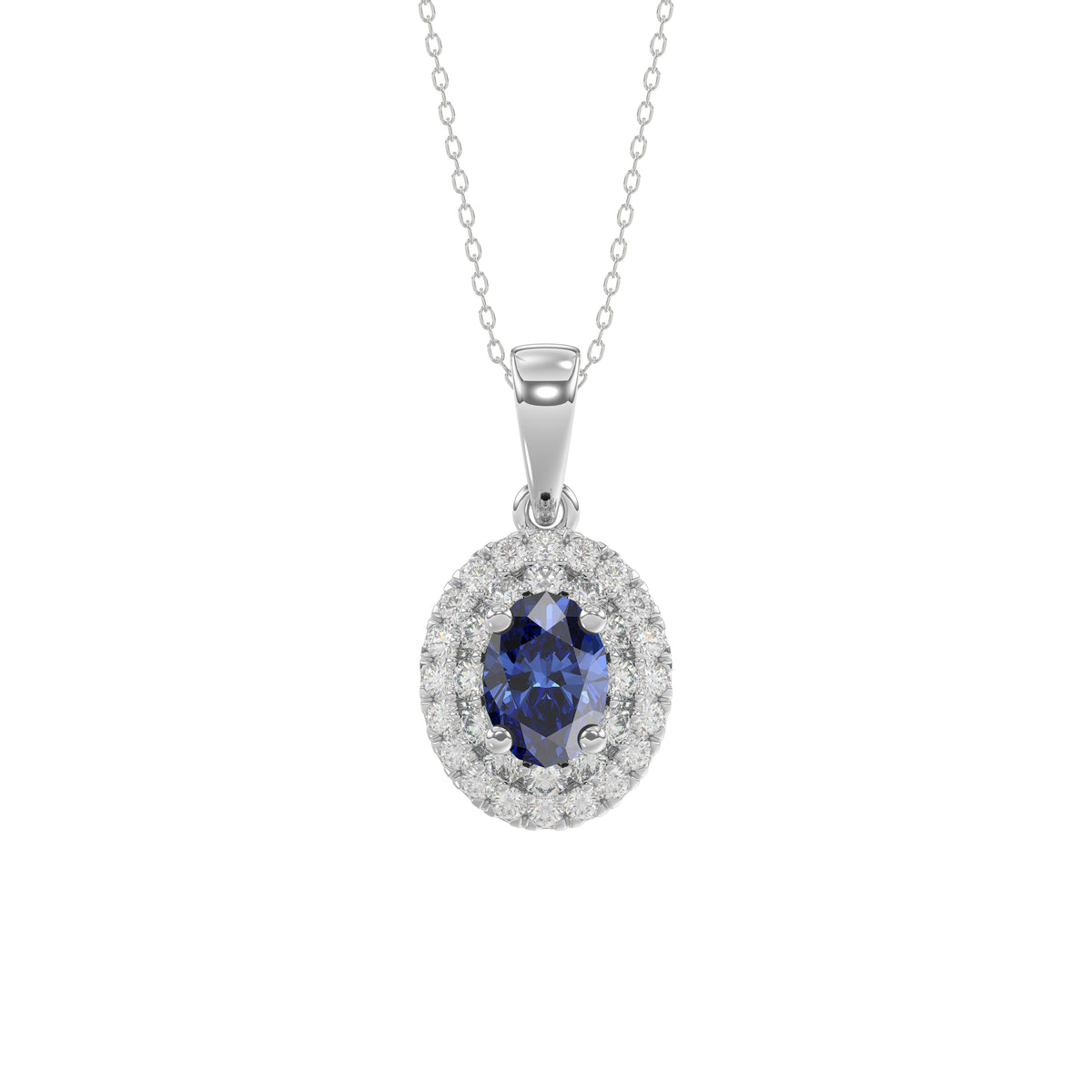 Elegant 14K White Gold Ladies Pendant Featuring Oval Sapphire And Round Diamond Accents 1.16Ct Includes Chain For A Complete Luxury Look.