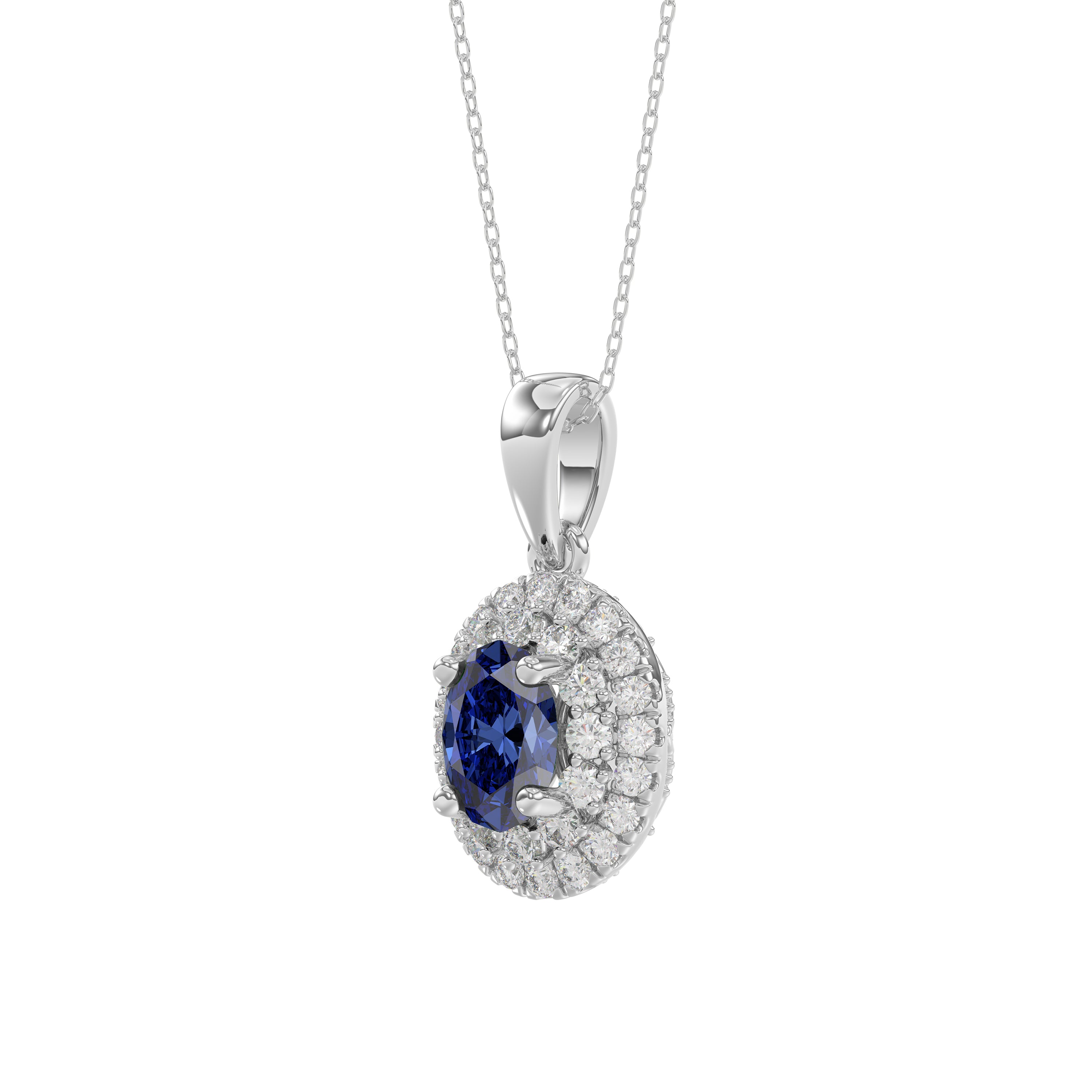 Elegant 14K White Gold Ladies Pendant Featuring Oval Sapphire And Round Diamond Accents 1.16Ct Includes Chain For A Complete Luxury Look.