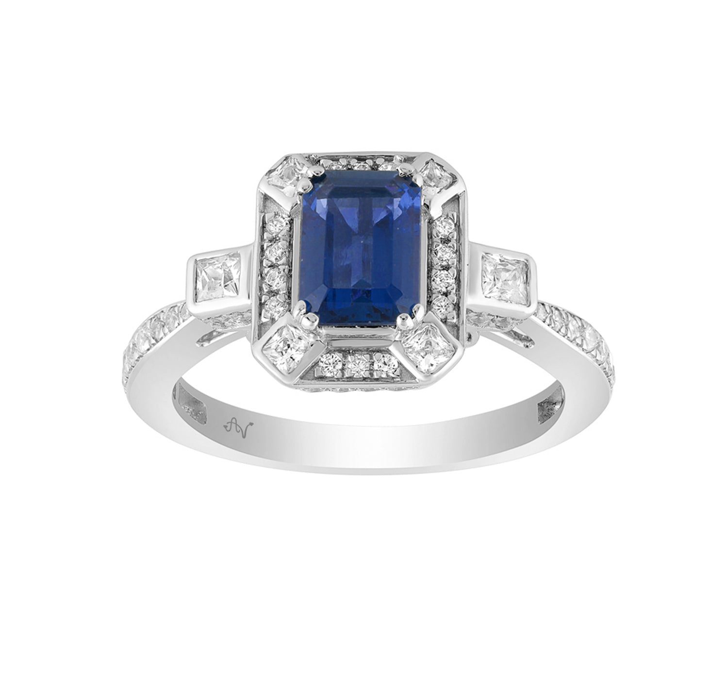 LADIES RING 1.50CT ROUND/PRINCESS/BLUE SAPPHIRE EMERALD DIAMOND 14K WHITE GOLD (CENTER STONE 0.90CT BLUE SAPPHIRE EMERALD DIAMOND)