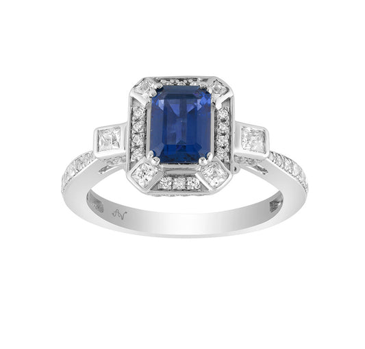 LADIES RING 1.50CT ROUND/PRINCESS/BLUE SAPPHIRE EMERALD DIAMOND 14K WHITE GOLD (CENTER STONE 0.90CT BLUE SAPPHIRE EMERALD DIAMOND)