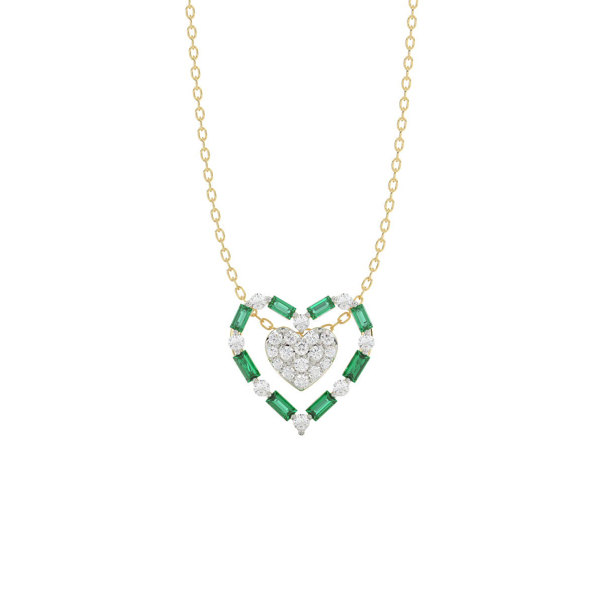 LADIES PENDANT 0.35CT ROUND/GREEN EMERALD BAGUETTE DIAMOND 14K YELLOW GOLD
