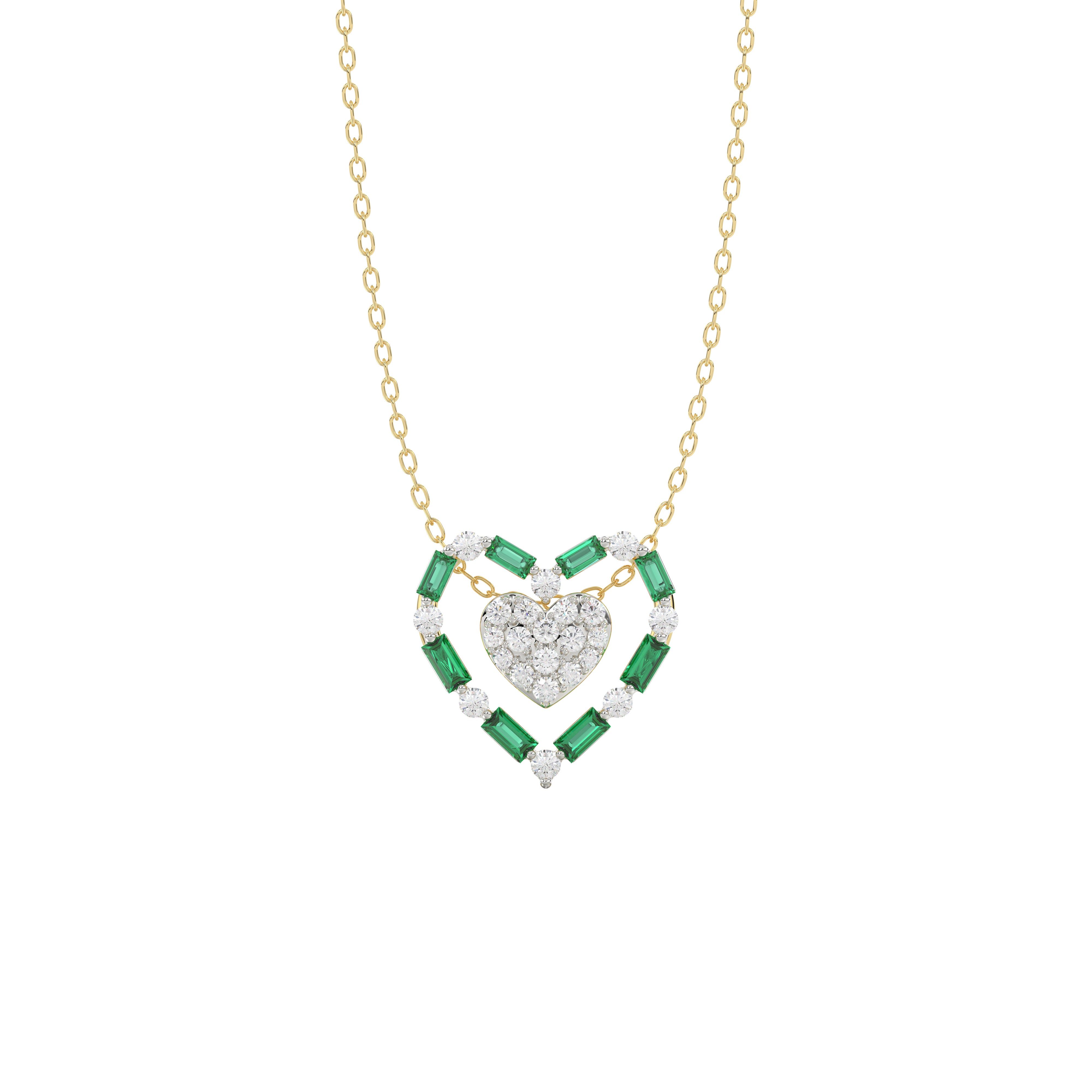 LADIES PENDANT 0.35CT ROUND/GREEN EMERALD BAGUETTE DIAMOND 14K YELLOW GOLD