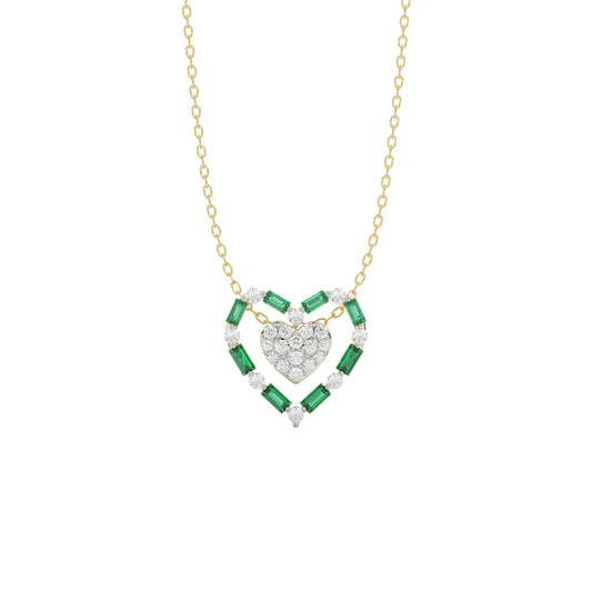 LADIES PENDANT 0.35CT ROUND/GREEN EMERALD BAGUETTE DIAMOND 14K YELLOW GOLD