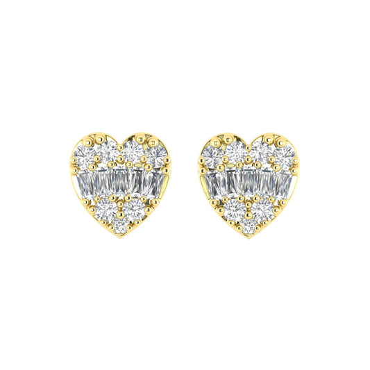 0.25CT Diamond Heart Shape Earrings In 10K Yellow Gold Round & Baguette Diamond Fashion Earrings For Women