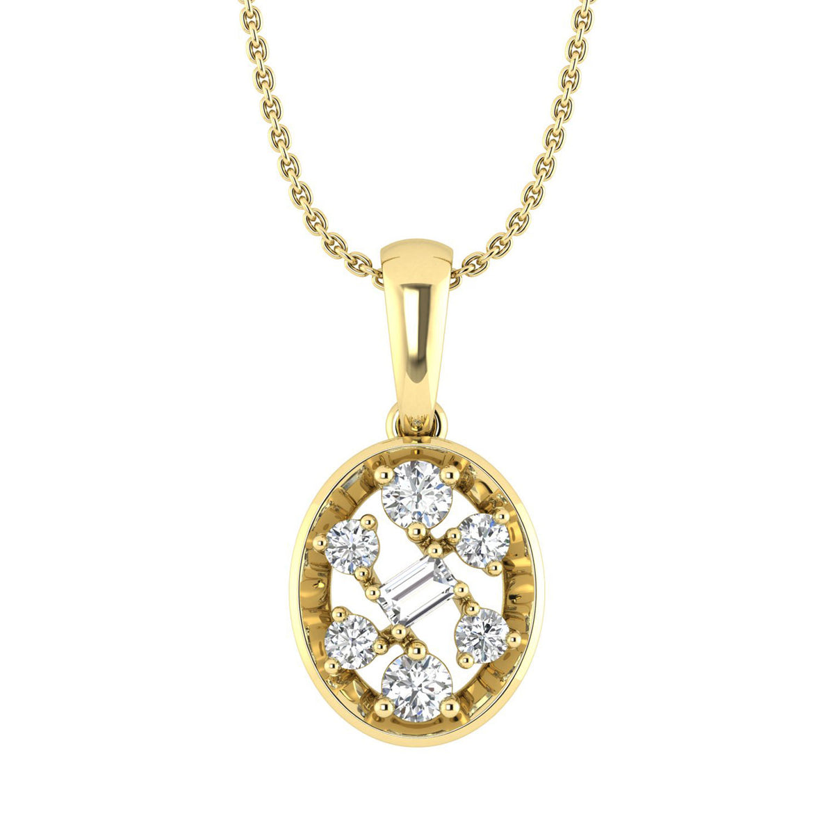 LADIES PENDANT WITH CHAIN 0.20CT ROUND/BAGUETTE DIAMOND 10K YELLOW GOLD