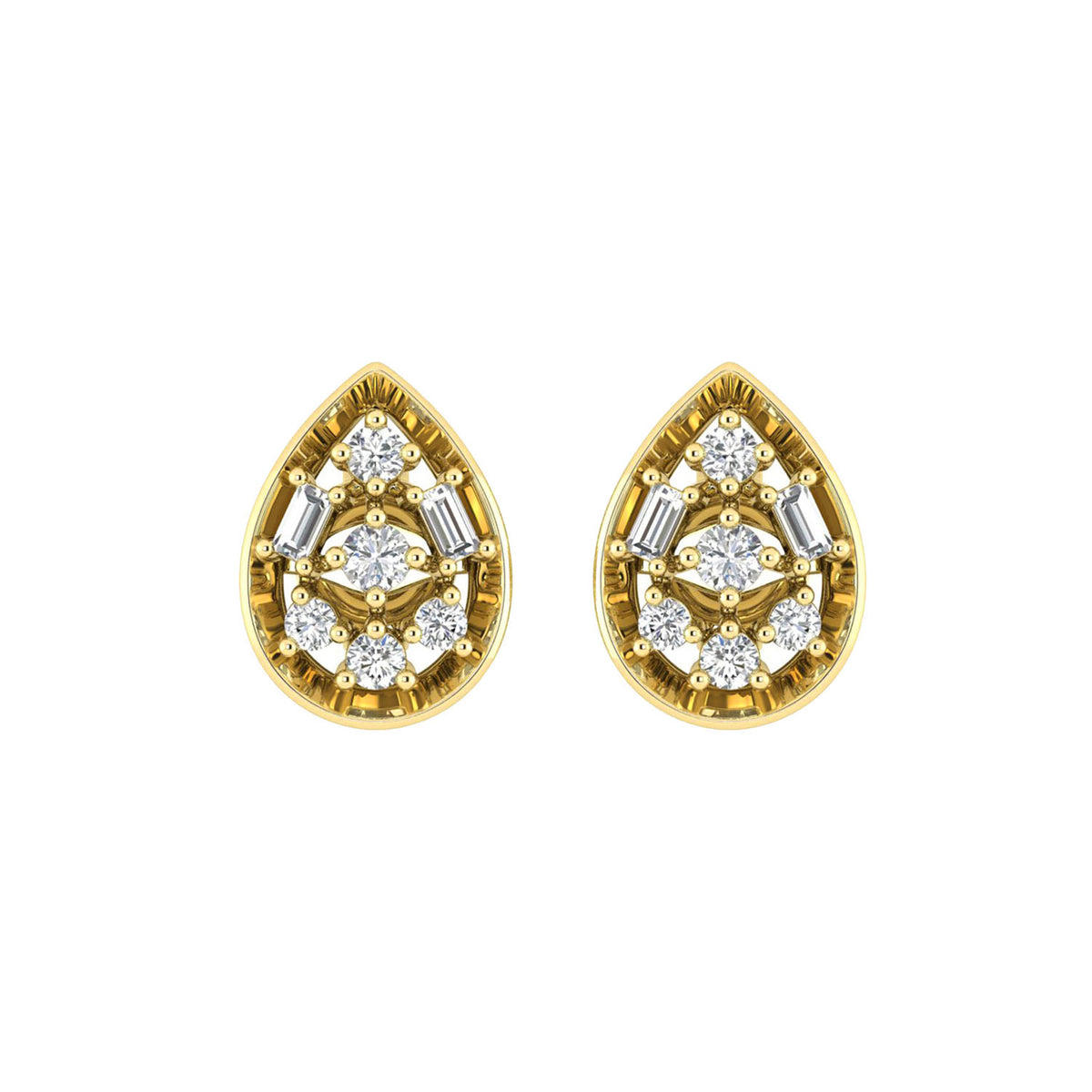 LADIES EARRINGS 0.20CT ROUND/BAGUETTE DIAMOND 10K YELLOW GOLD