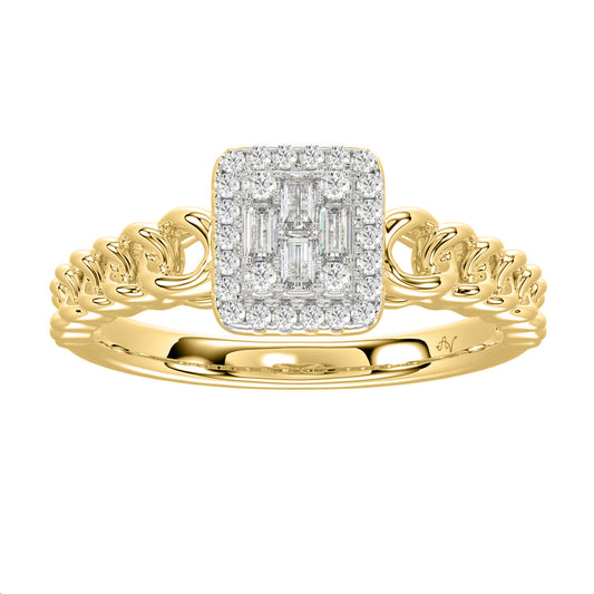 Ladies Halo Engagement Ring 0.20Ct Round & Baguette Diamond 10K Yellow Gold � Elegant Wedding Or Promise Jewelry
