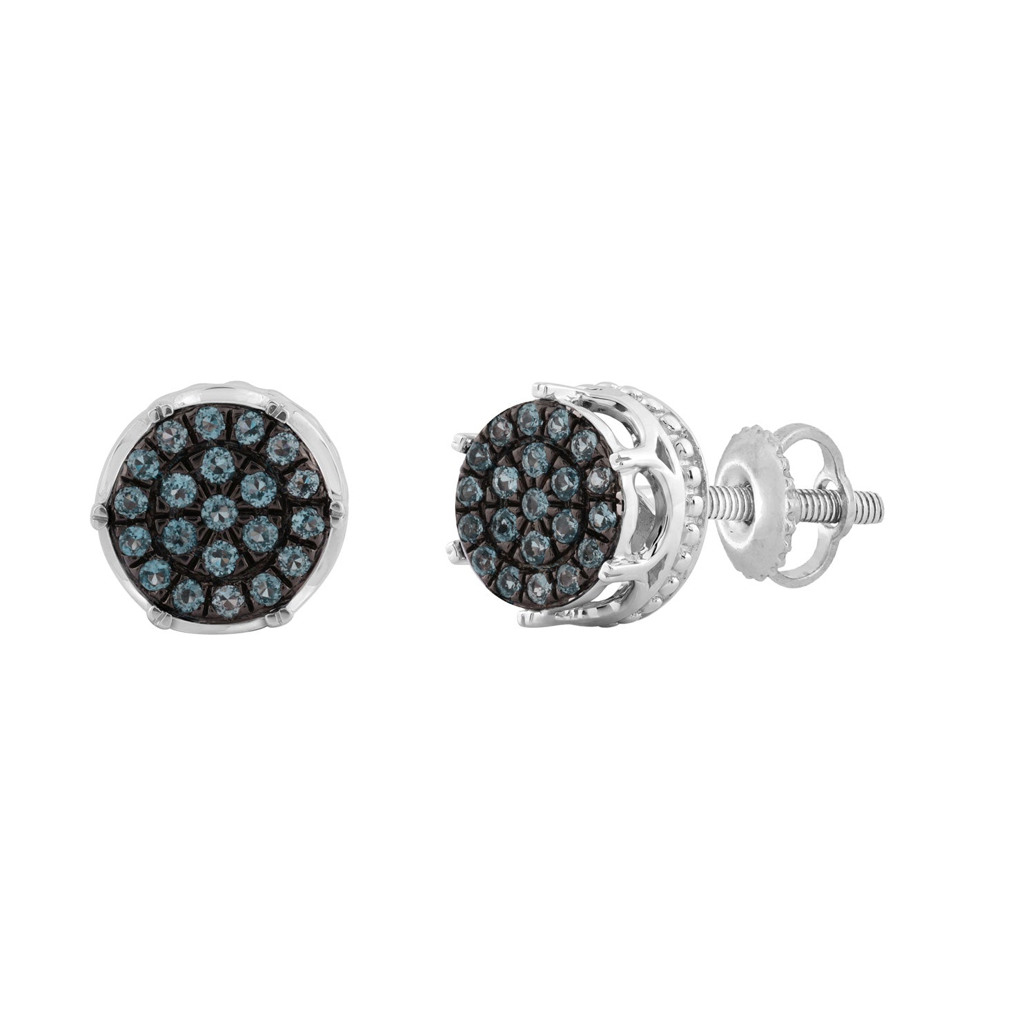 Elegant 0.16Ct Round & Blue Diamond Men’S Earring In Sterling Silver Cluster Design Statement Stud