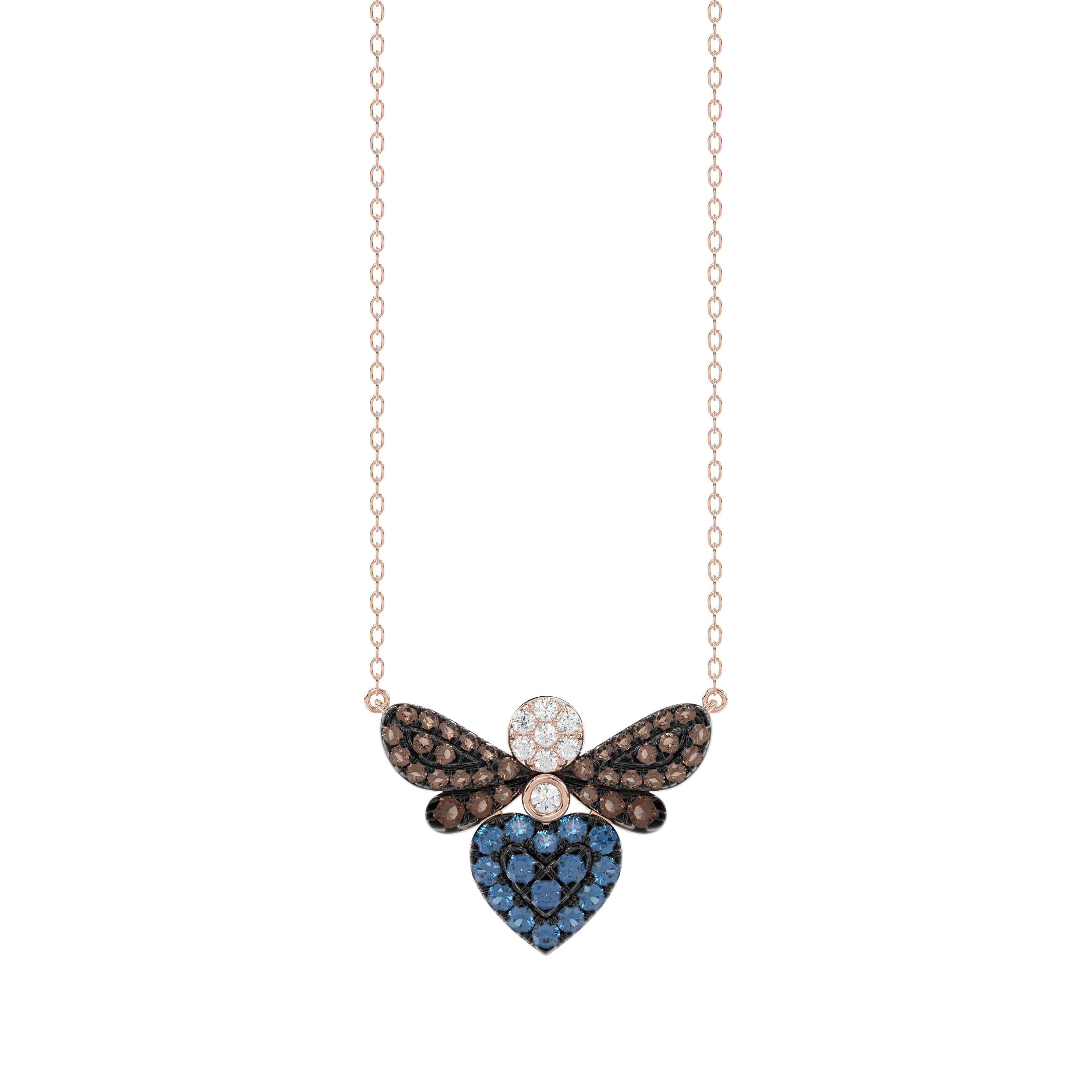 14K Rose Gold Ladies Butterfly Necklace With Colorful Diamond Accents In Blue, Dark Brown, And Round Cuts. A Stylish 0.33 Ct Jewelry Necklace