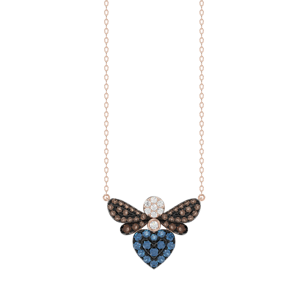 14K Rose Gold Ladies Butterfly Necklace With Colorful Diamond Accents In Blue, Dark Brown, And Round Cuts. A Stylish 0.33 Ct Jewelry Necklace