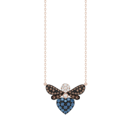 14K Rose Gold Ladies Butterfly Necklace With Colorful Diamond Accents In Blue, Dark Brown, And Round Cuts. A Stylish 0.33 Ct Jewelry Necklace