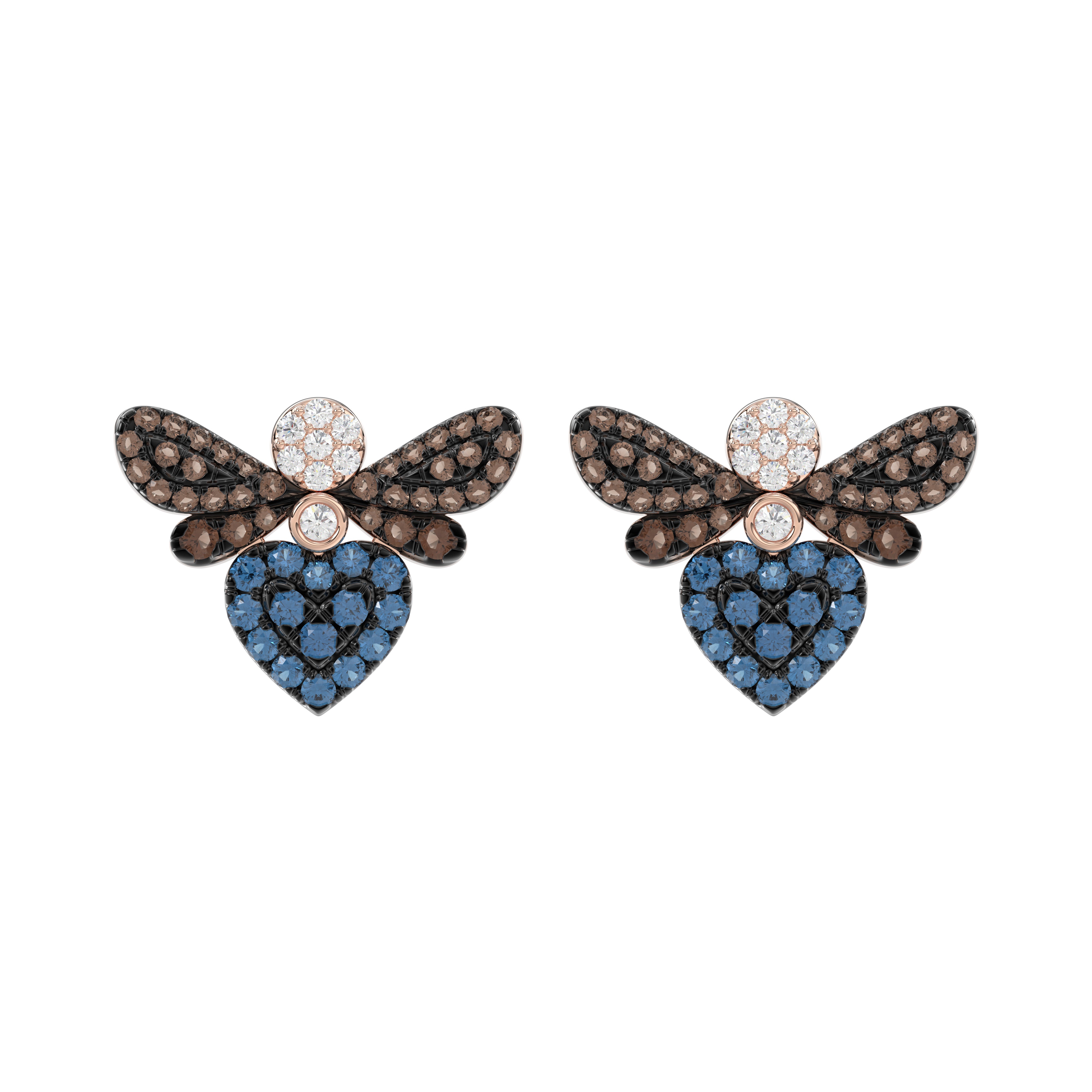14K Rose Gold Ladies Butterfly Earring With Colorful Diamond Accents In Blue, Dark Brown, And Round Cuts. A Stylish 0.75 Ct Jewelry Earring