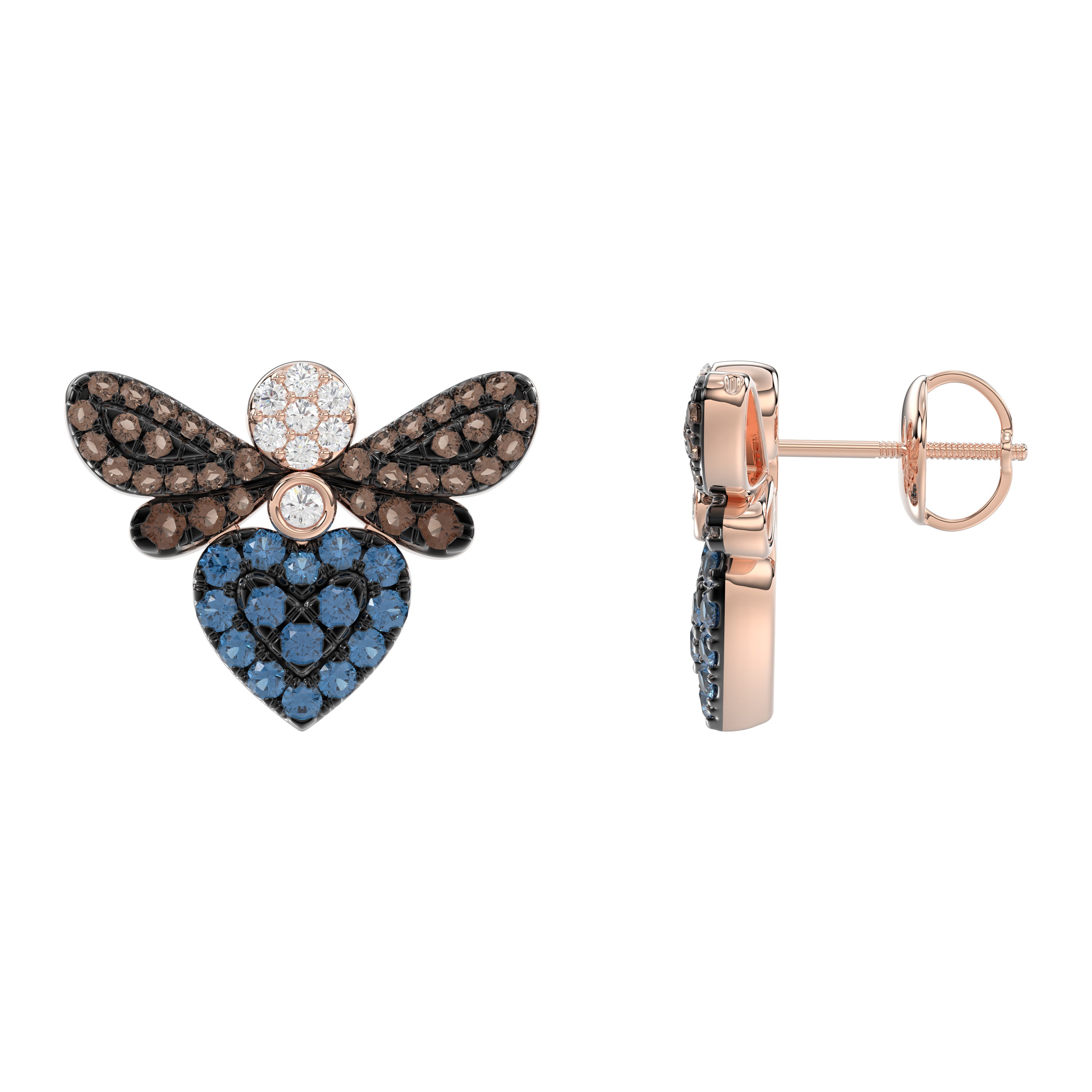 14K Rose Gold Ladies Butterfly Earring With Colorful Diamond Accents In Blue, Dark Brown, And Round Cuts. A Stylish 0.75 Ct Jewelry Earring