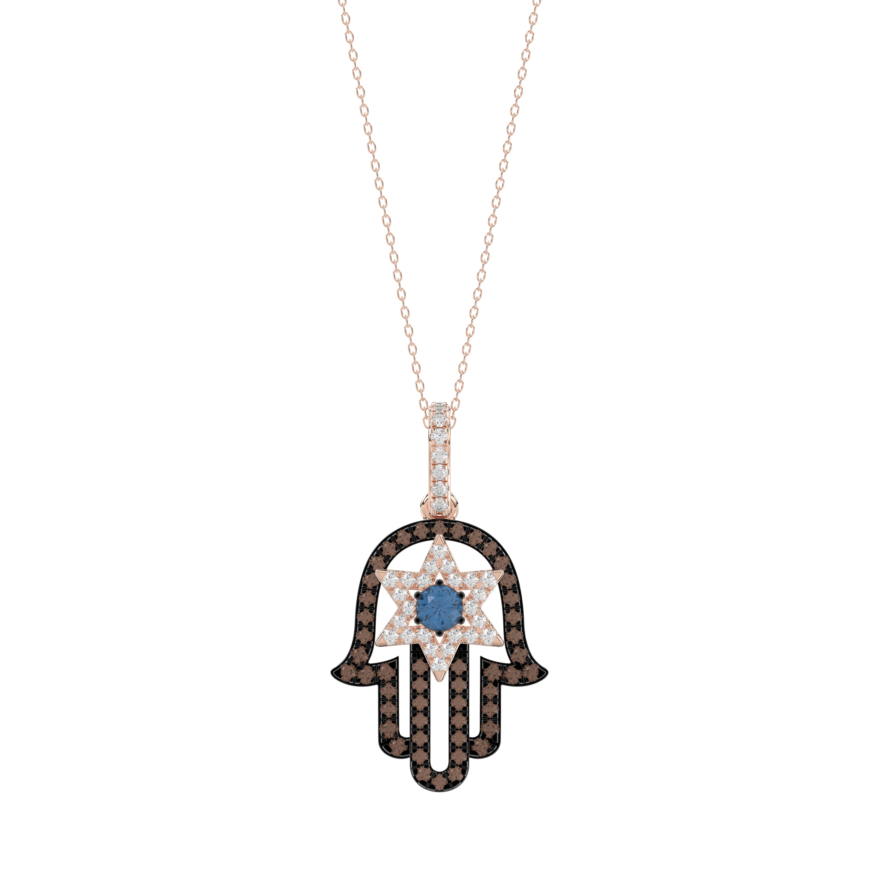 Elegant 14K Rose Gold Hamsa Hand Pendant For Women Featuring 0.50 Ct Round, Dark Brown, And Blue Diamonds. Includes Chain For A Complete Luxury Look.