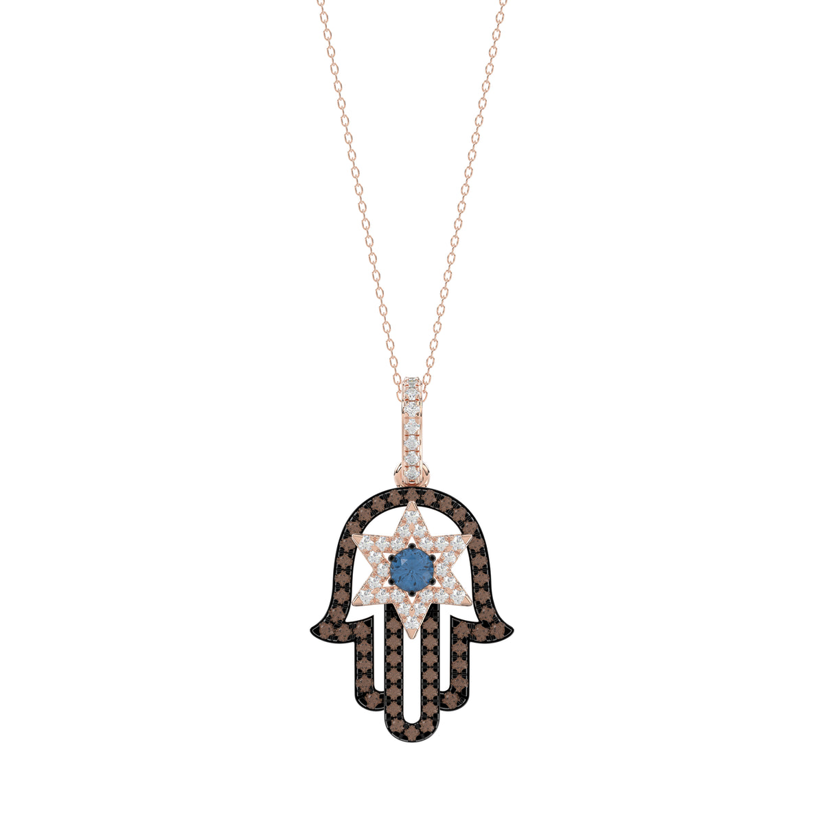 Elegant 14K Rose Gold Hamsa Hand Pendant For Women Featuring 0.50 Ct Round, Dark Brown, And Blue Diamonds. Includes Chain For A Complete Luxury Look.