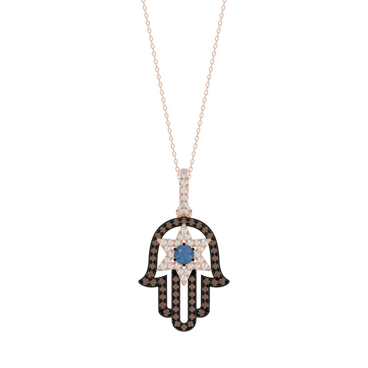 Elegant 14K Rose Gold Hamsa Hand Pendant For Women Featuring 0.50 Ct Round, Dark Brown, And Blue Diamonds. Includes Chain For A Complete Luxury Look.