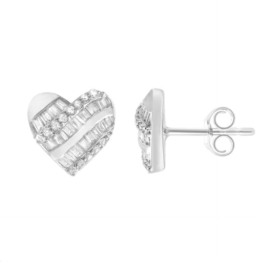 Sterling Silver Ladies 0.33CT Round & Baguette Diamond Heart Earrings Elegant Fashion Jewelry