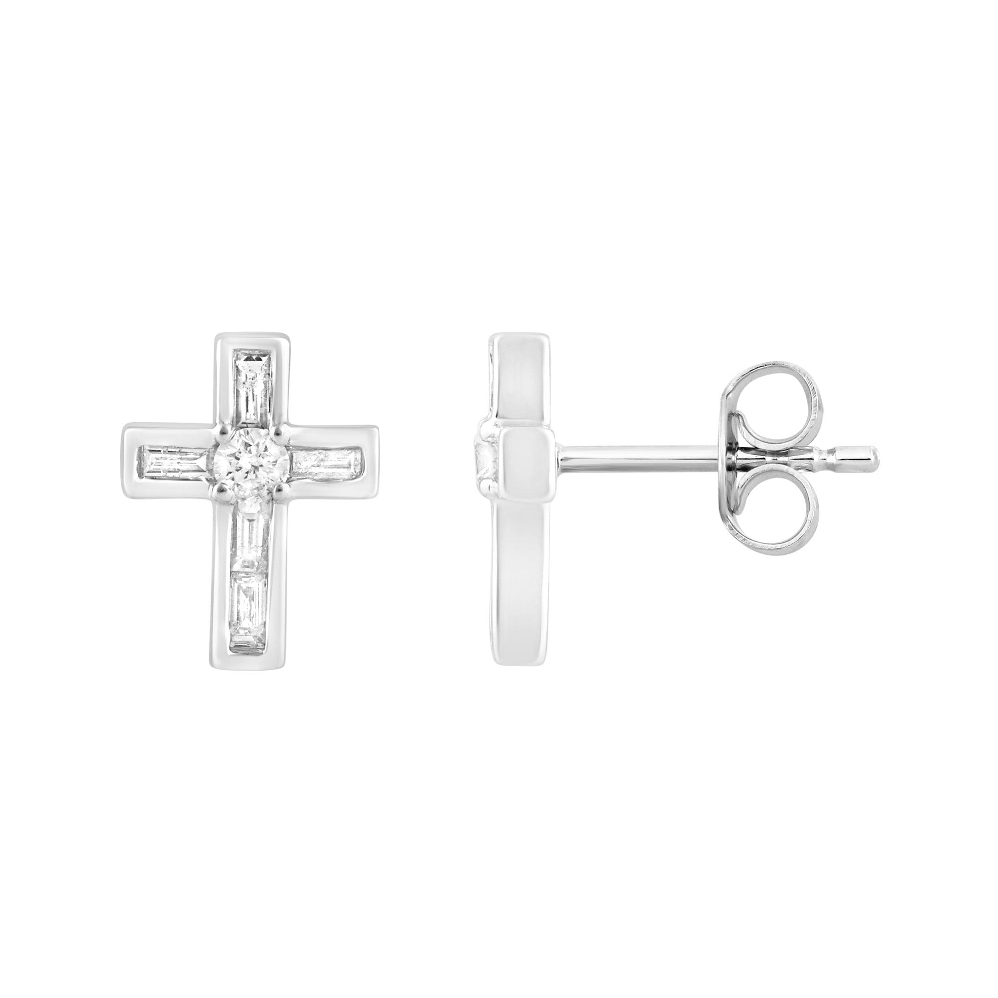 Sterling Silver Ladies 0.25CT Round & Baguette Diamond Cross Fashion Earrings Elegant Jewelry