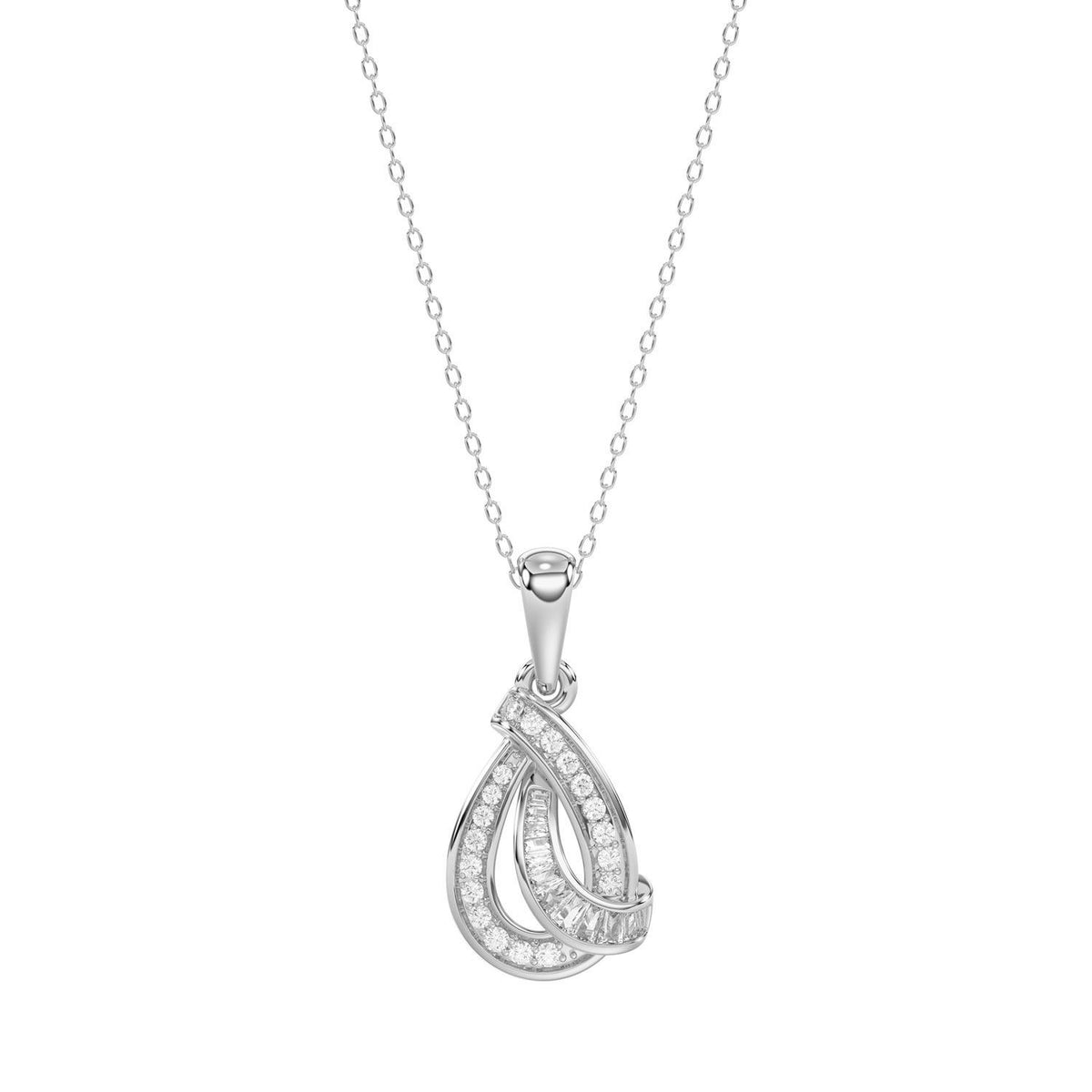 Sterling Silver Ladies 0.15CT Round & Baguette Diamond Teardrop Pendant With Chain Elegant Fashion Jewelry